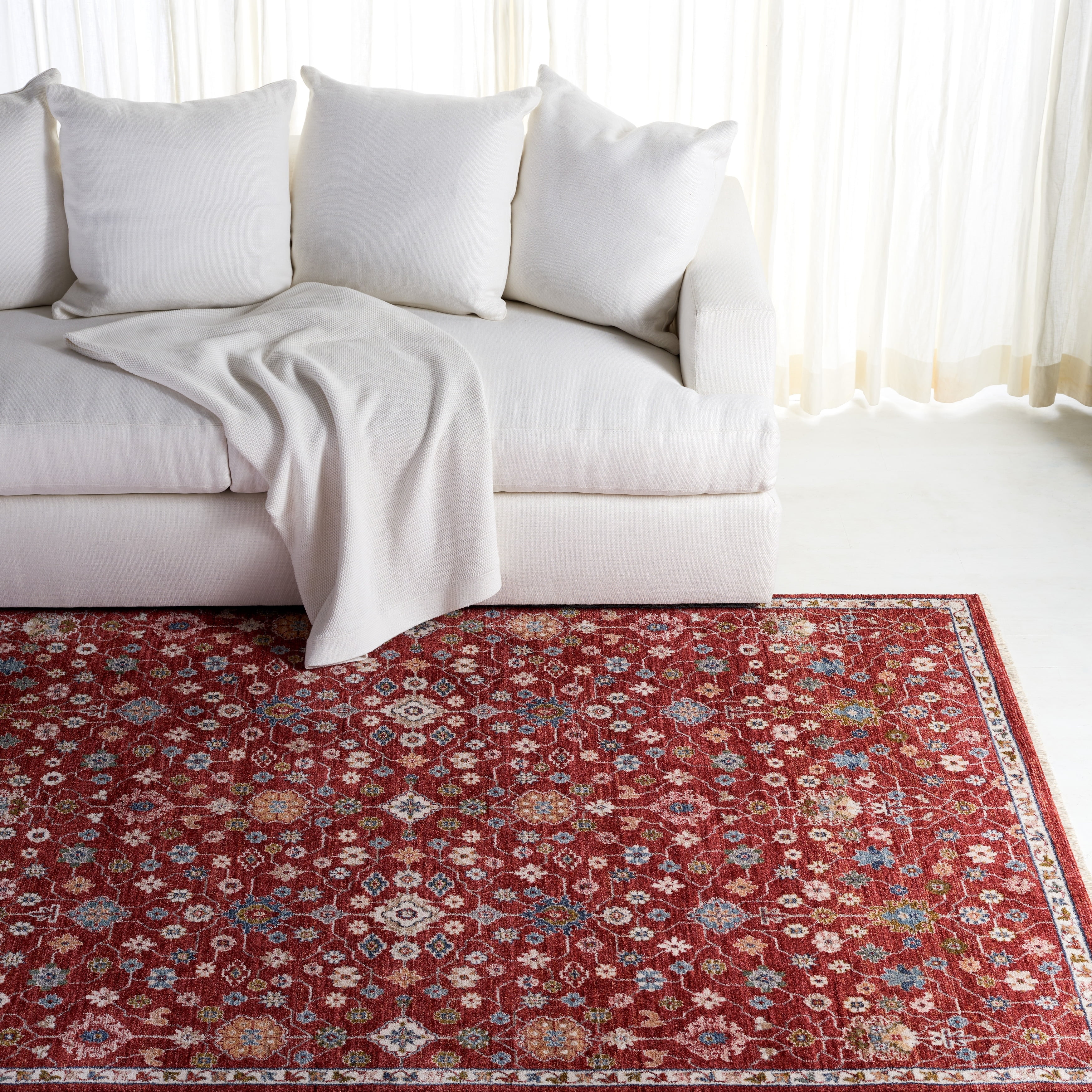 Kempton Red and Ivory Hand-Knotted Synthetic Square Rug
