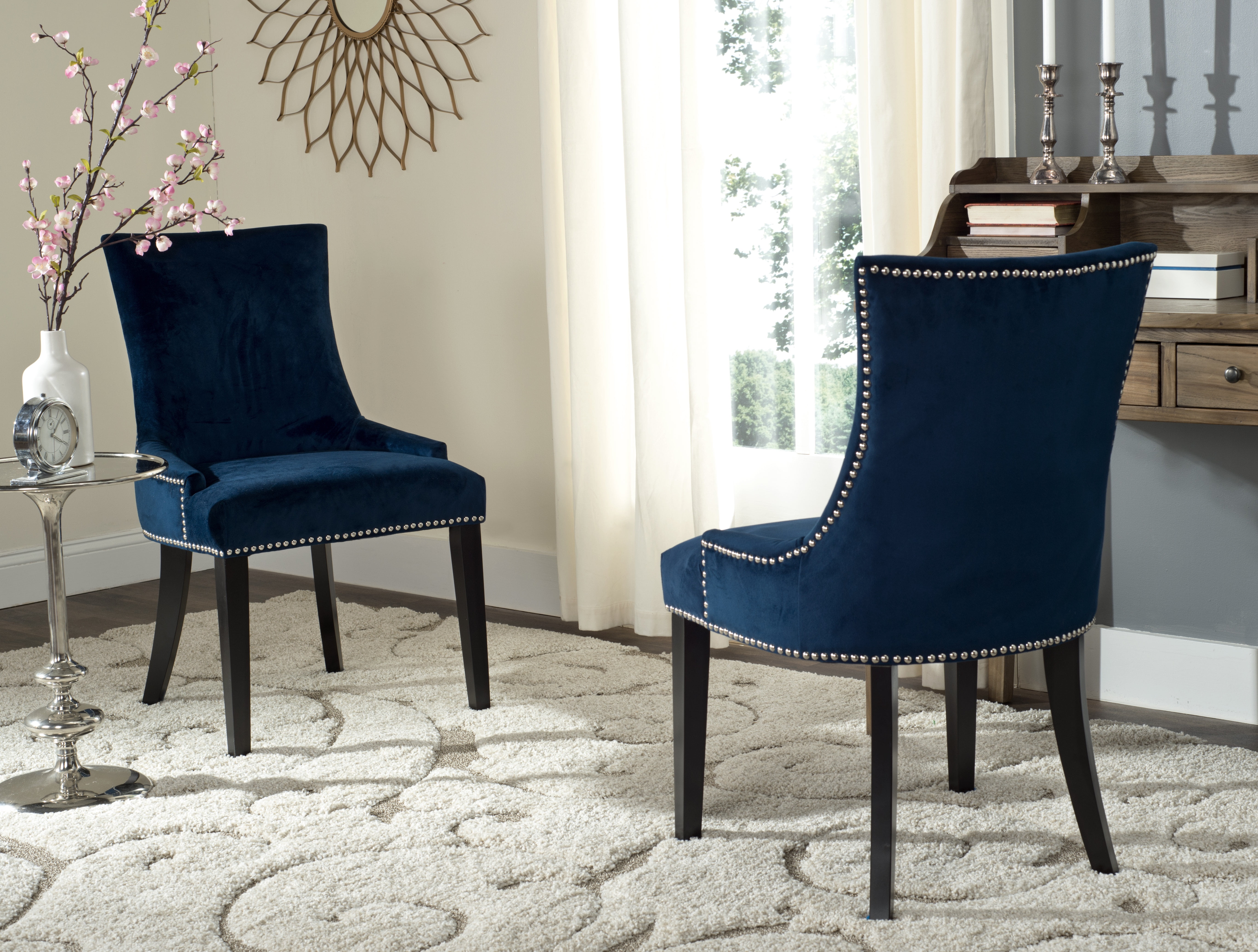 Elegant Sloped Arm Velvet Side Chair in Dark Navy - Set of 2