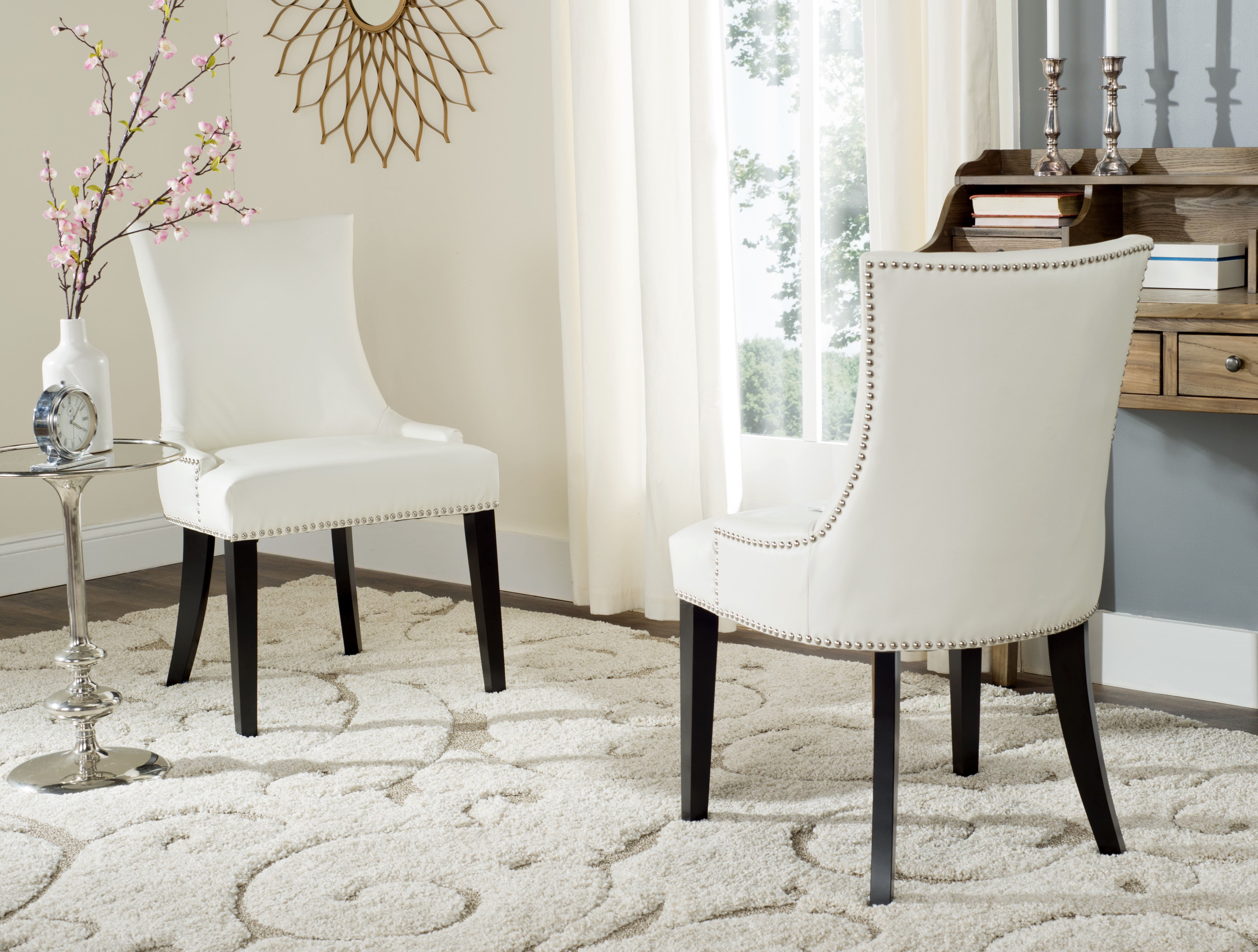 Elegant White Leather Upholstered Side Chair with Birch Wood Legs