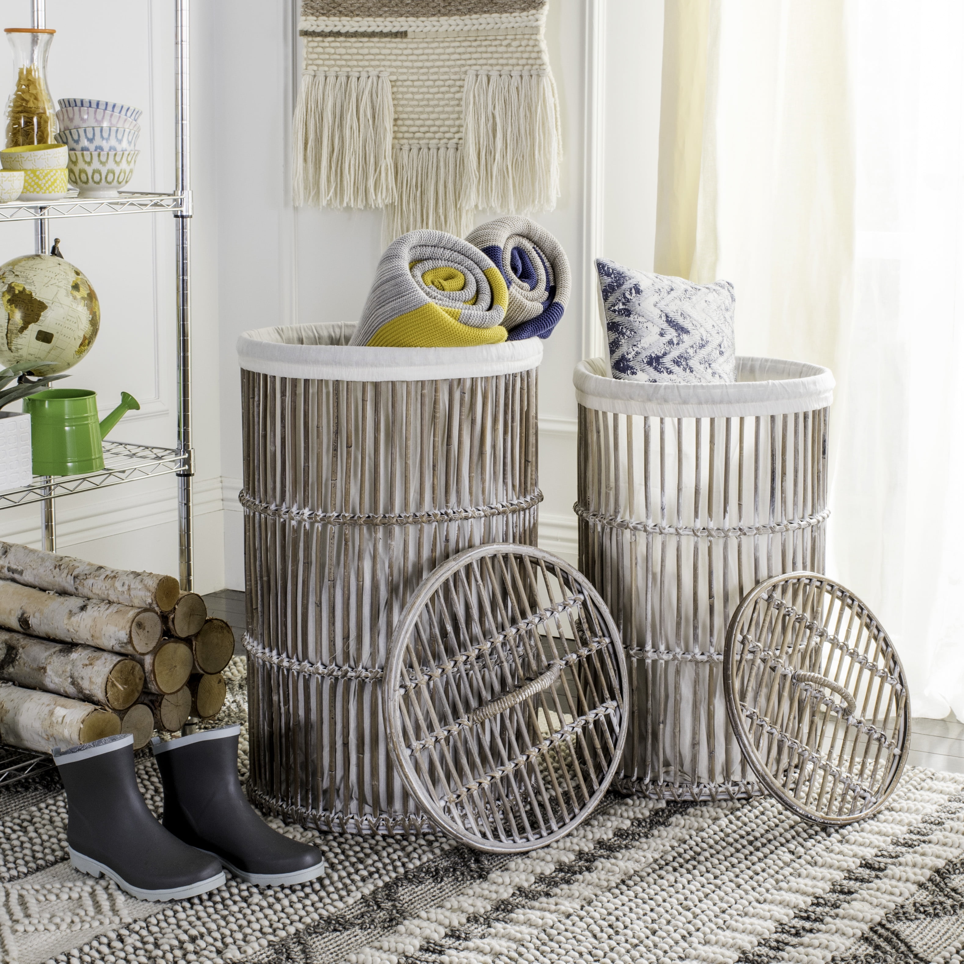 White Wash Rattan Cylinder Laundry Hampers with Removable Lids