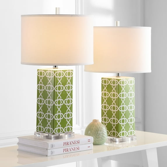 Safavieh Quatrefoil 15" Contemporary Ceramic Table Lamp, Green/White, Set of 2