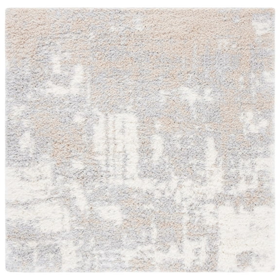 SAFAVIEH Lindsay Alexis Distressed Polyester Shag Area Rug, Grey/Ivory Beige, 6'7" x 6'7" Square