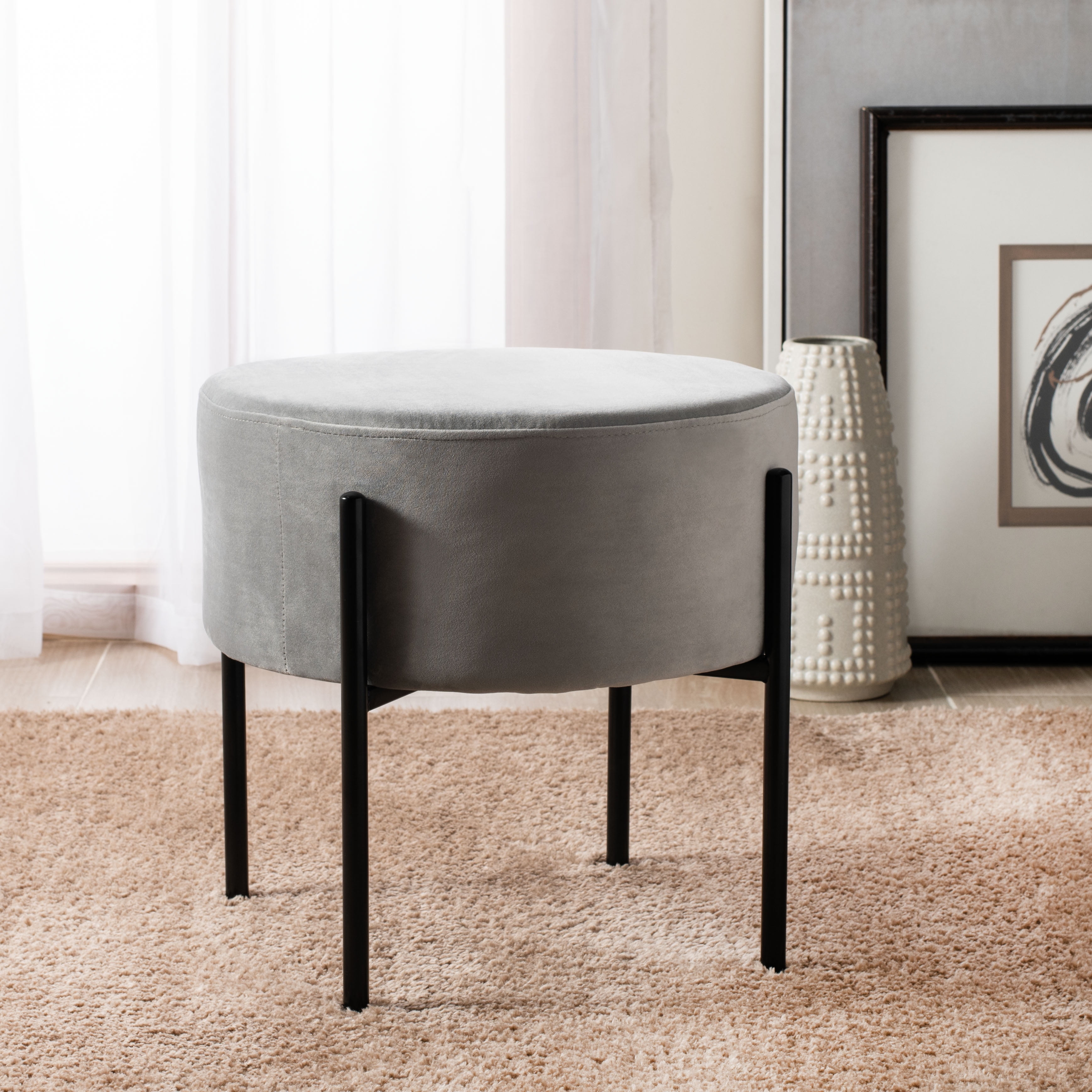 SAFAVIEH Lisbon Round Ottoman Grey / Black - Walmart.com