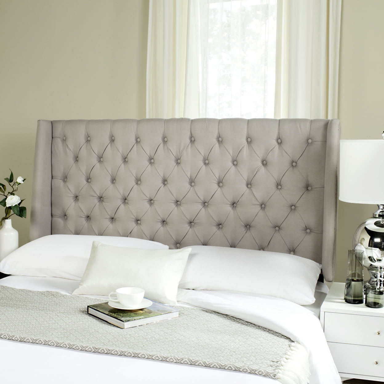 Safavieh London Retro Winged Tufted Headboard with Flat Nail Heads, Full, Taupe