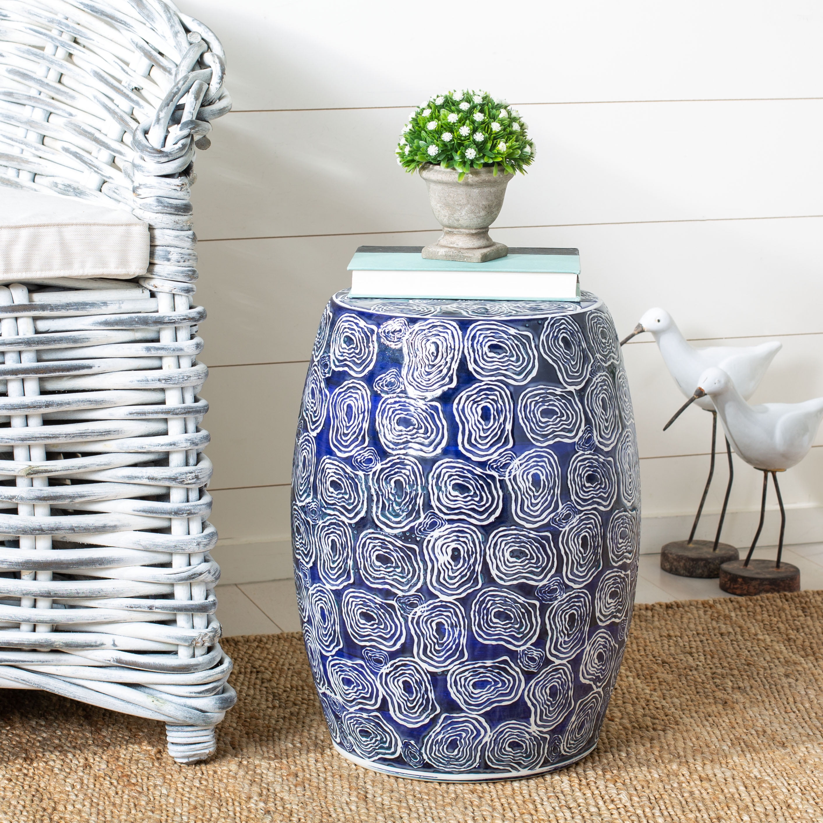 Safavieh Lorey Abstract Swirls Indoor/Outdoor Garden Stool, Blue/White ...