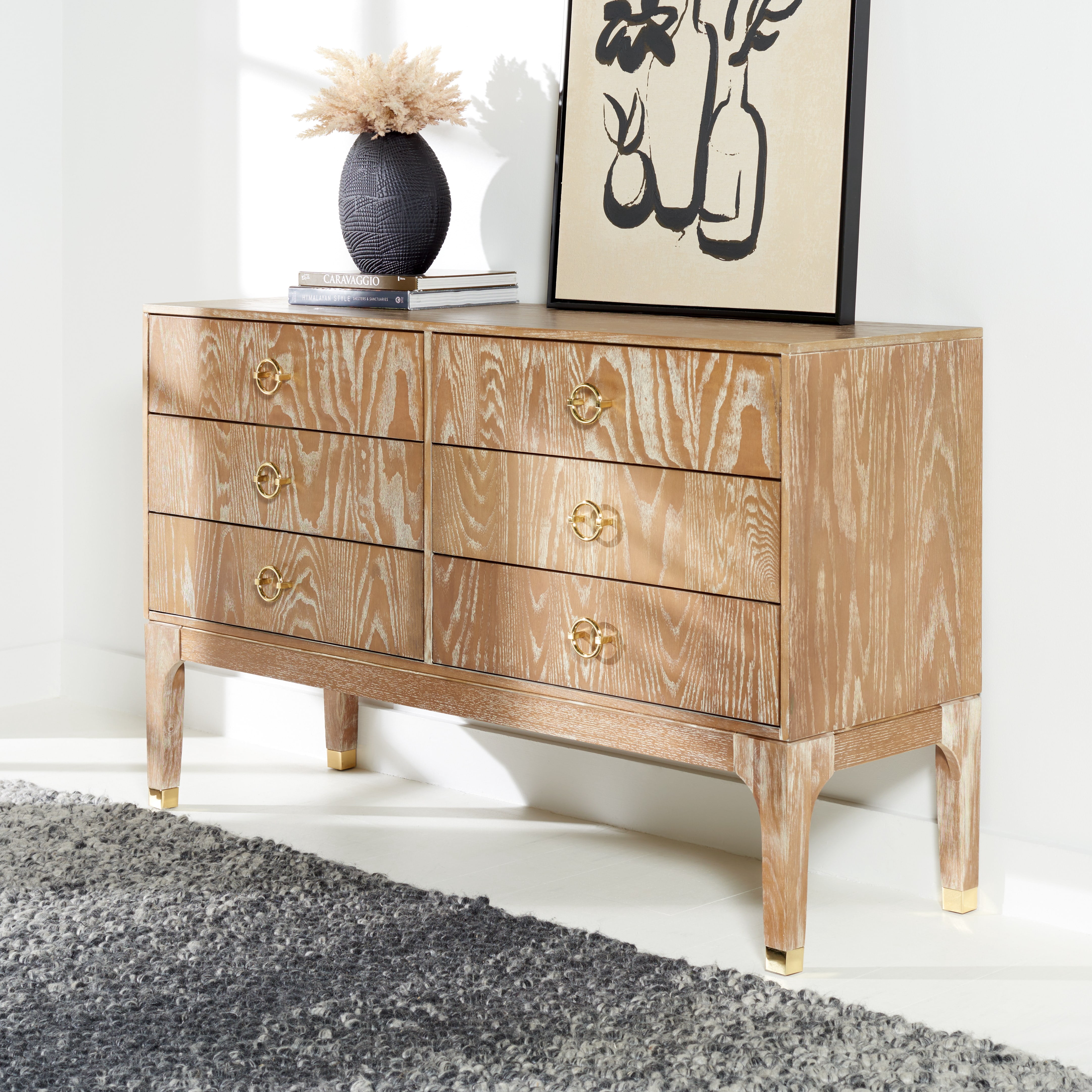 Safavieh Couture Lorna Contemporary 6-Drawer Dresser, Rustic Oak/Gold