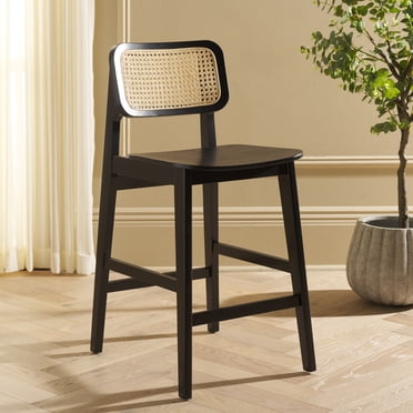 Safavieh LuzCane Modern Mid Back Wood and Rattan Stools, Black/Natural