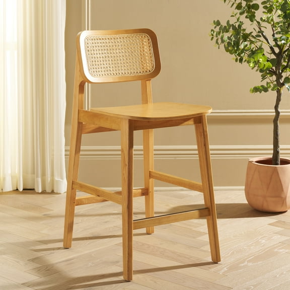 Safavieh LuzCane Modern Mid Back Wood and Rattan Stools, Natural