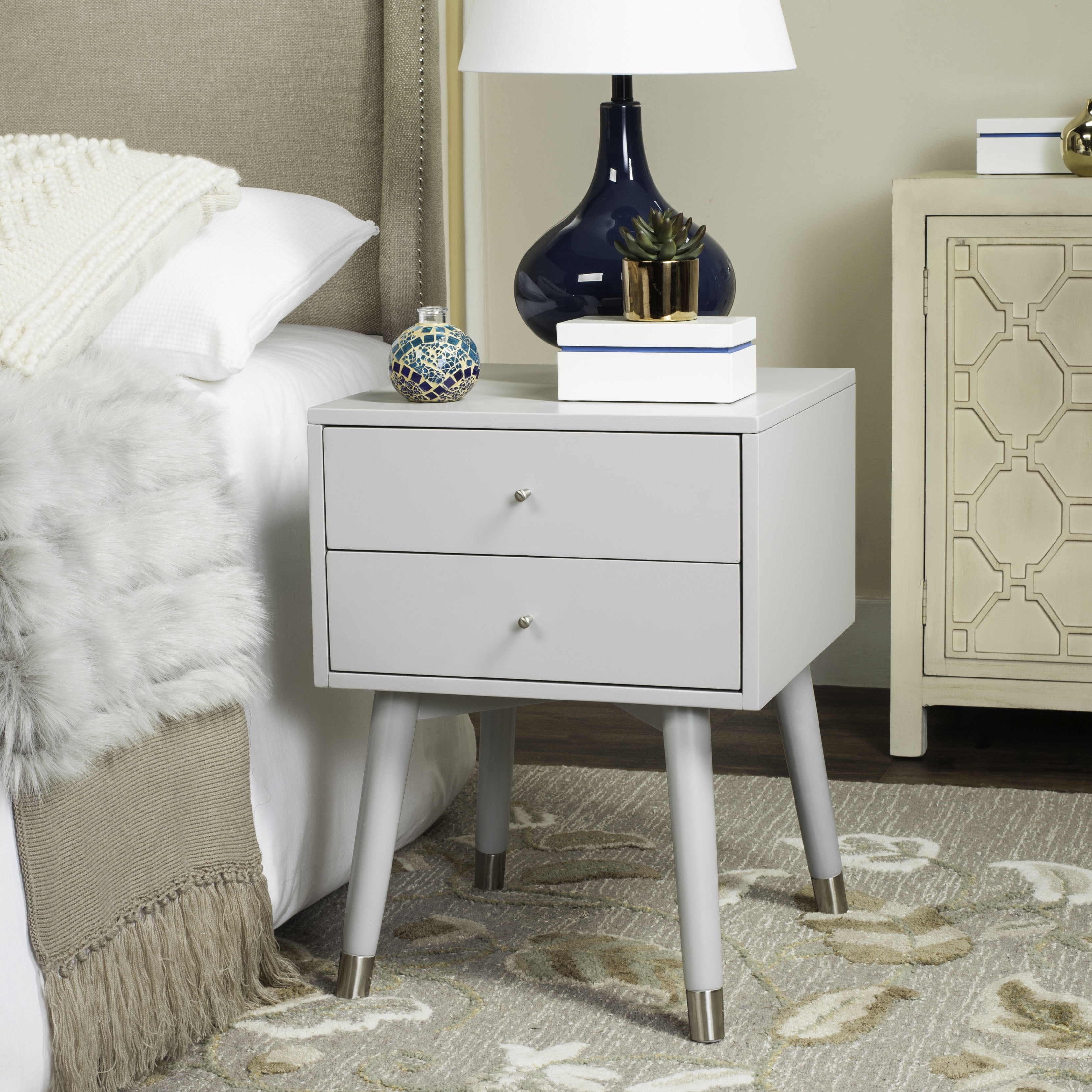 Lyla Grey and Silver 2-Drawer Retro Nightstand