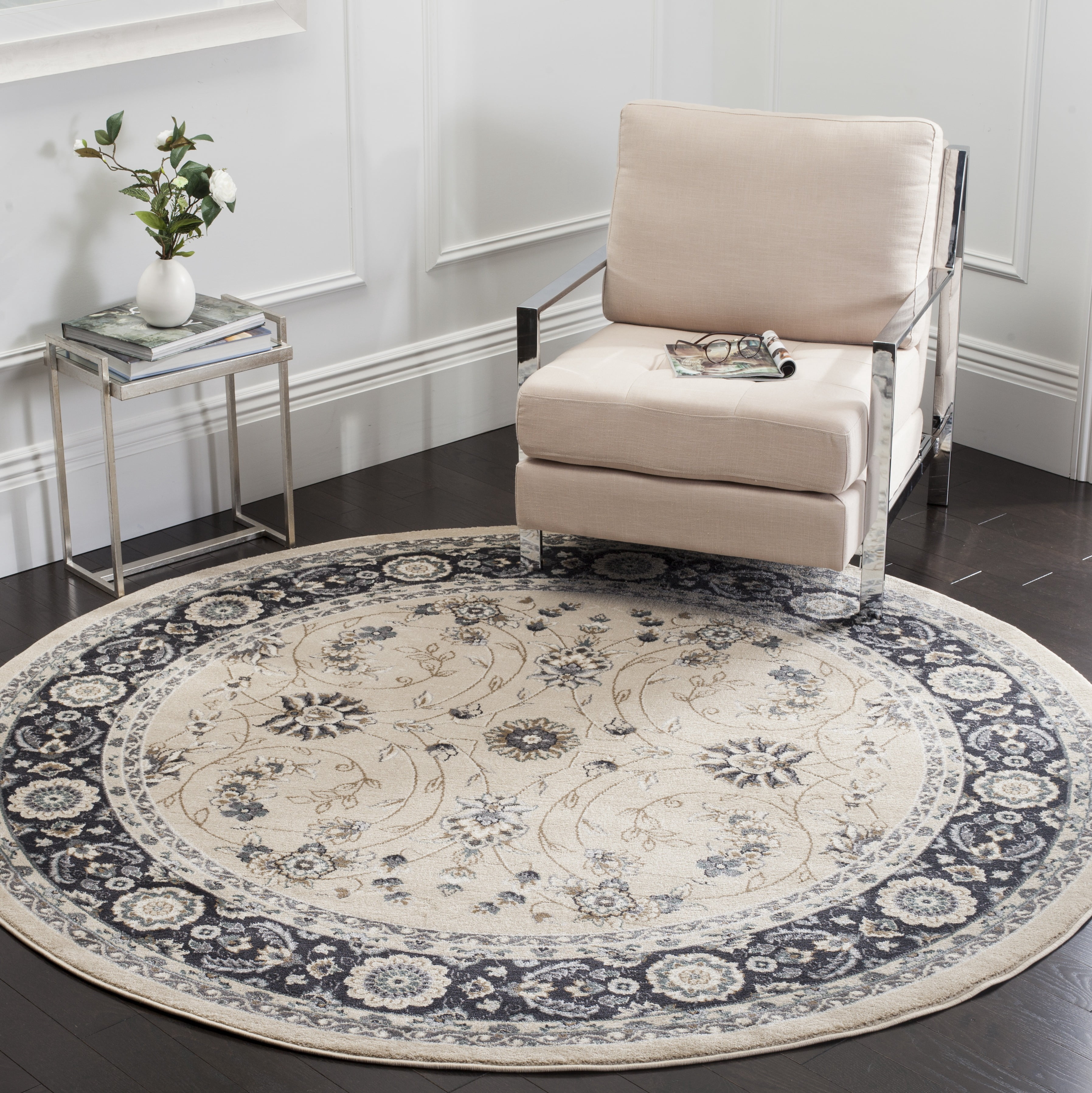 Safavieh Lyndhurst Janel Floral Area Rug, Light Beige/Anthracite, 5'3" x 5'3" Round