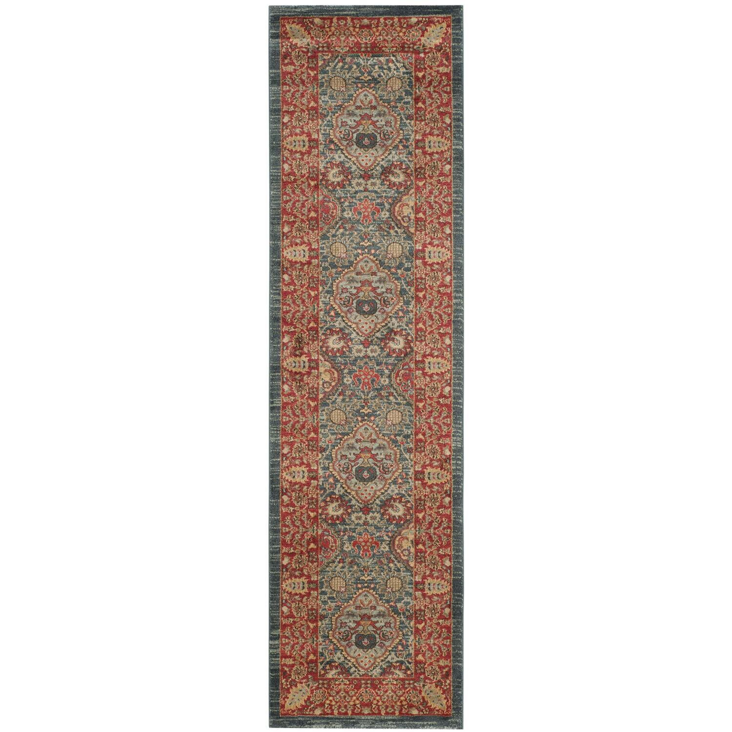 Navy and Red Synthetic Patterned Rectangle Runner Rug, 2'2" x 8'
