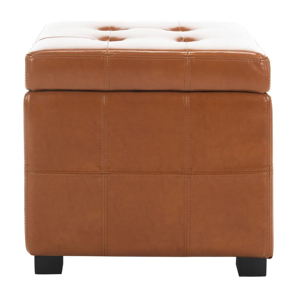 Saddle Brown Leather Tufted Storage Ottoman with Birch Wood