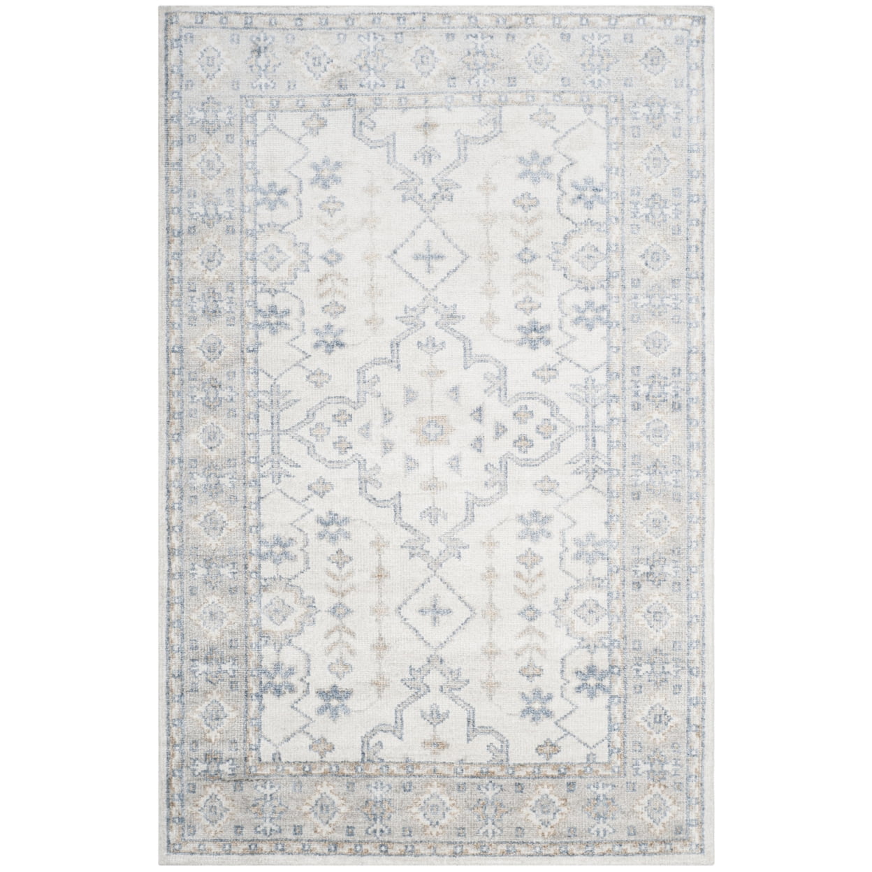 Ivory and Blue Hand-Knotted Wool and Viscose 9' x 12' Area Rug