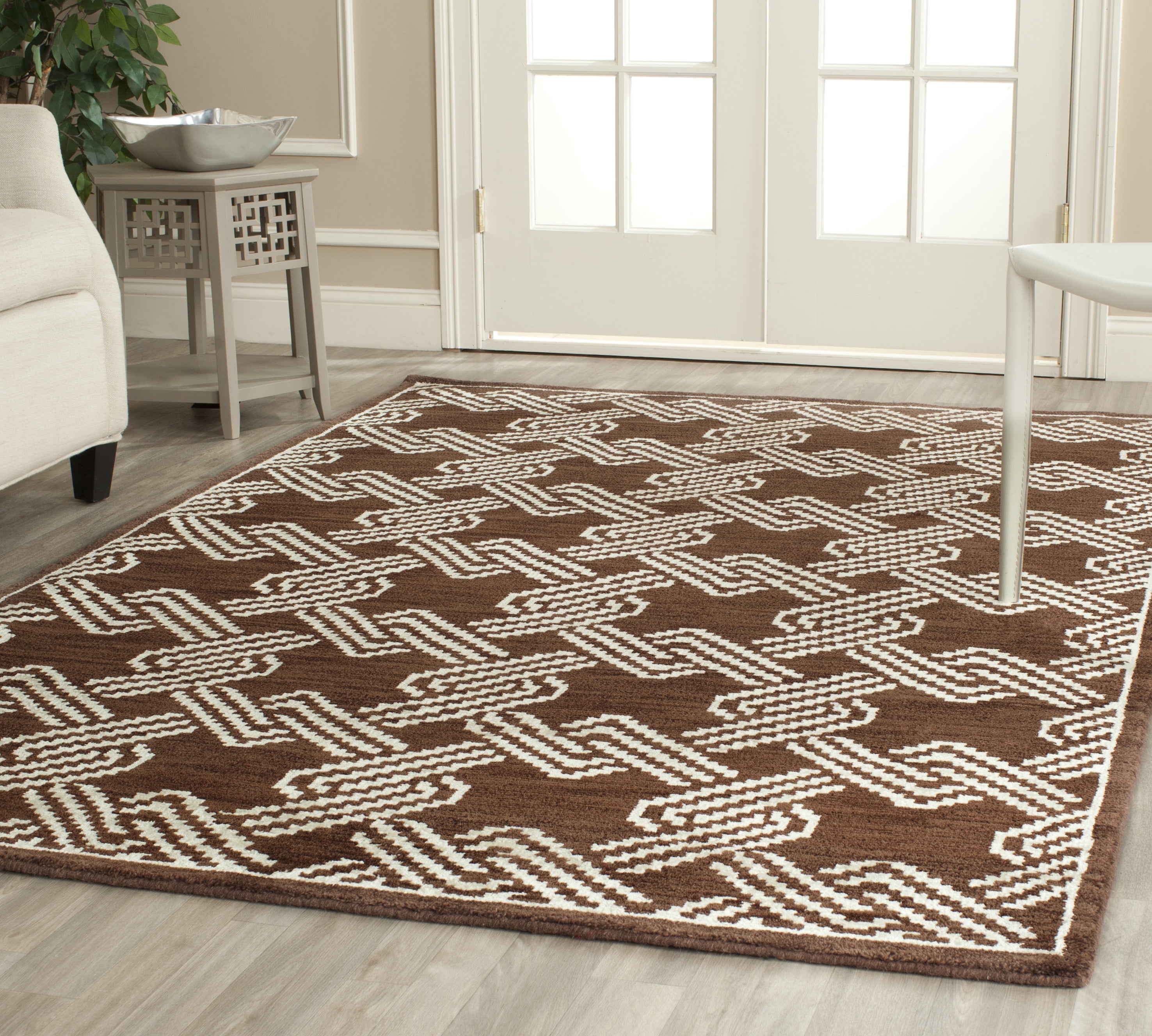 Brown and Creme Hand-Knotted Wool Geometric Rug, 5' x 8'