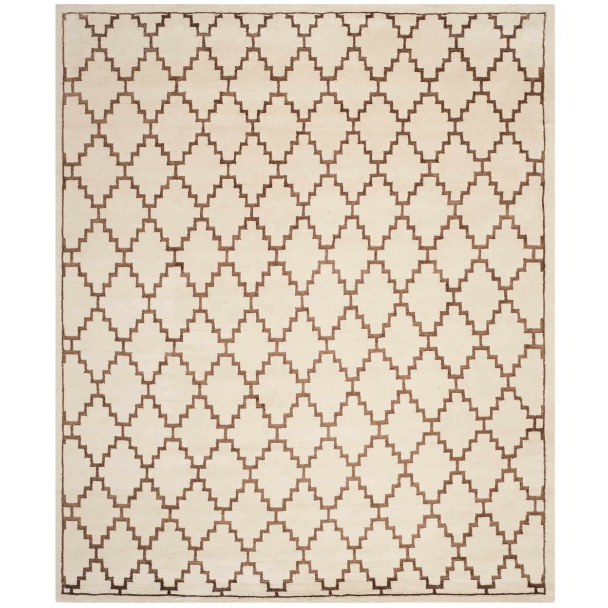 Ivory and Brown Hand-Knotted Wool Geometric 8' x 10' Rug