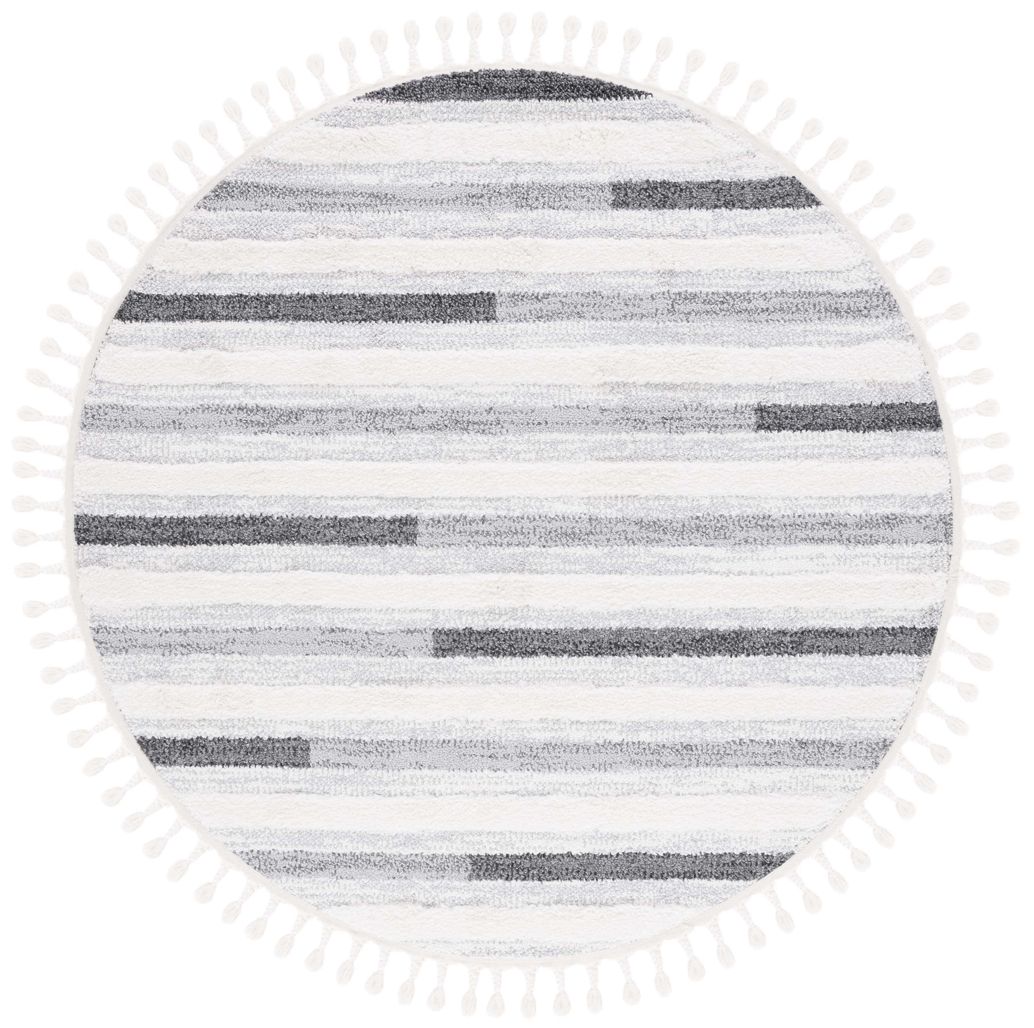 Ivory and Grey Round Braided Shag Rug with Tassels