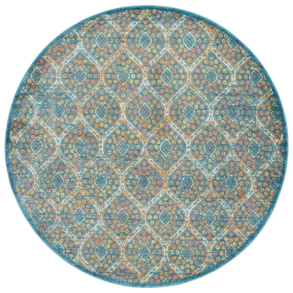 SAFAVIEH Madison Ivy Geometric Area Rug, Blue/Orange, 6'7" x 6'7" Round