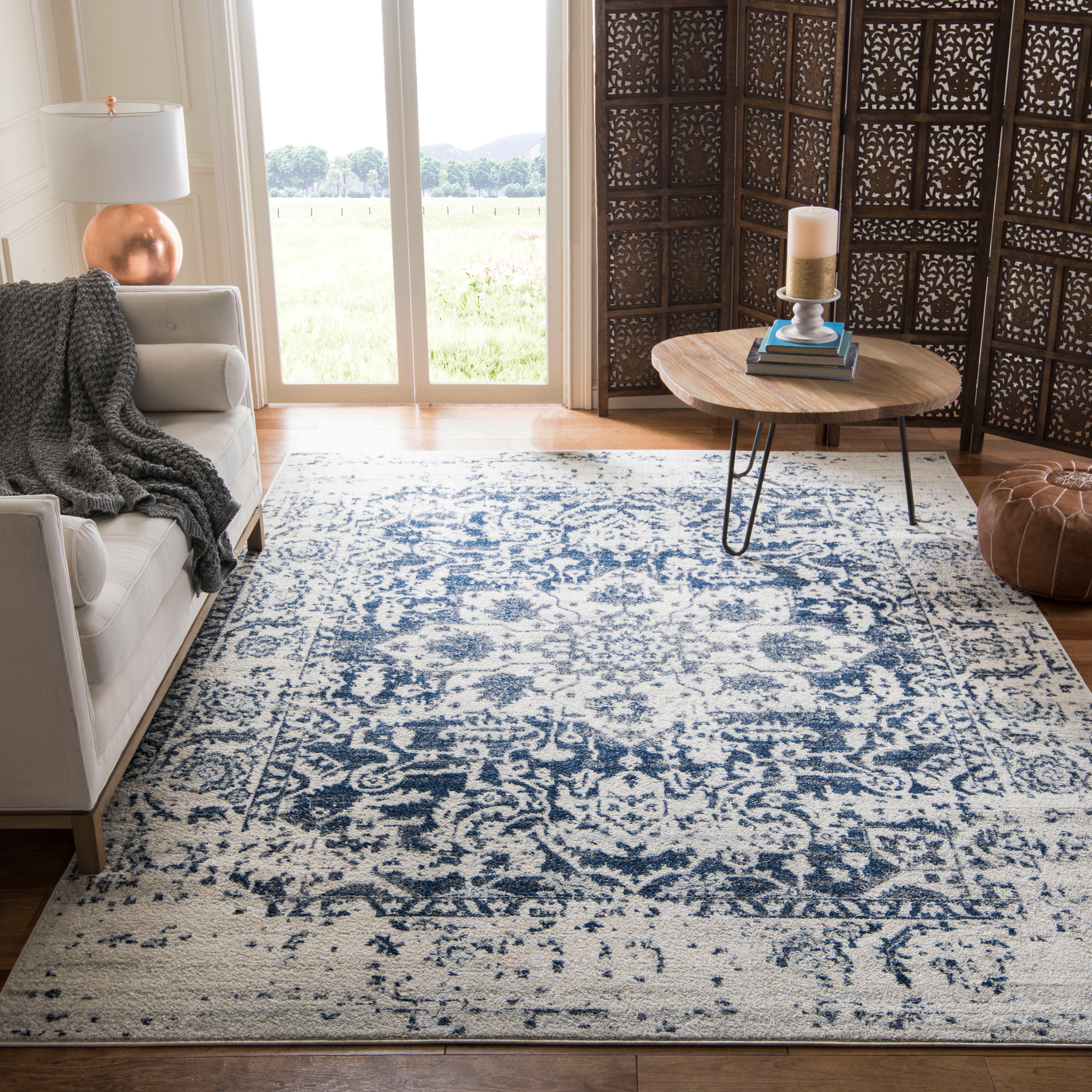 Safavieh Madison Snowflake Medallion Rustic Farmhouse Distressed Rug Cream/Navy 9' x 12' 9' x 12' Indoor Living Room, Bedroom, Dining Room Runner,