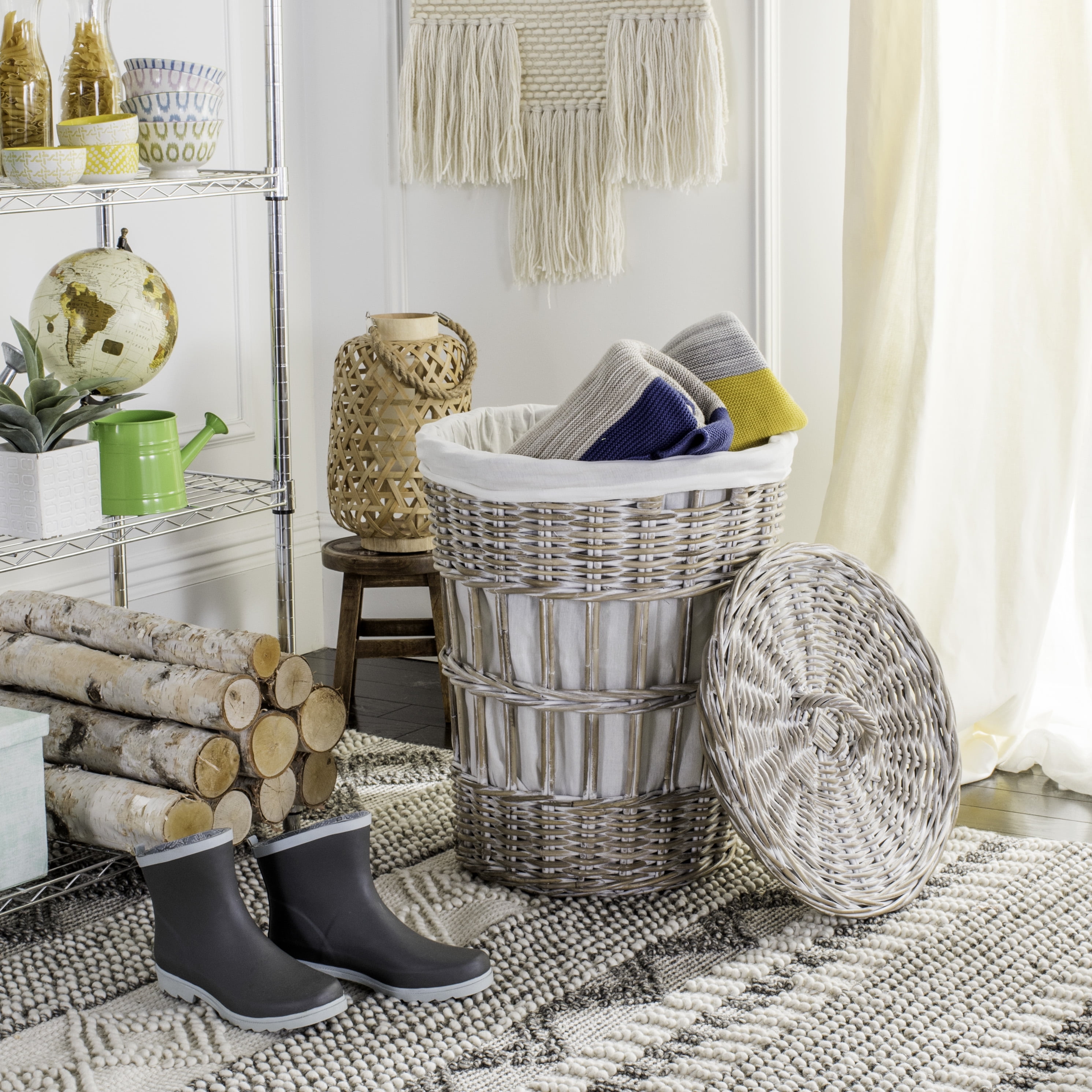 White-Washed Kubu Upright Hamper with Lid