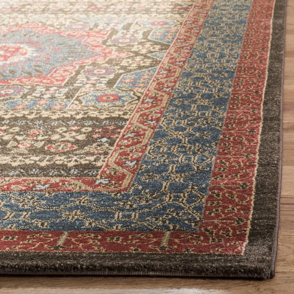 Safavid Style Red and Blue Synthetic Rectangular Rug