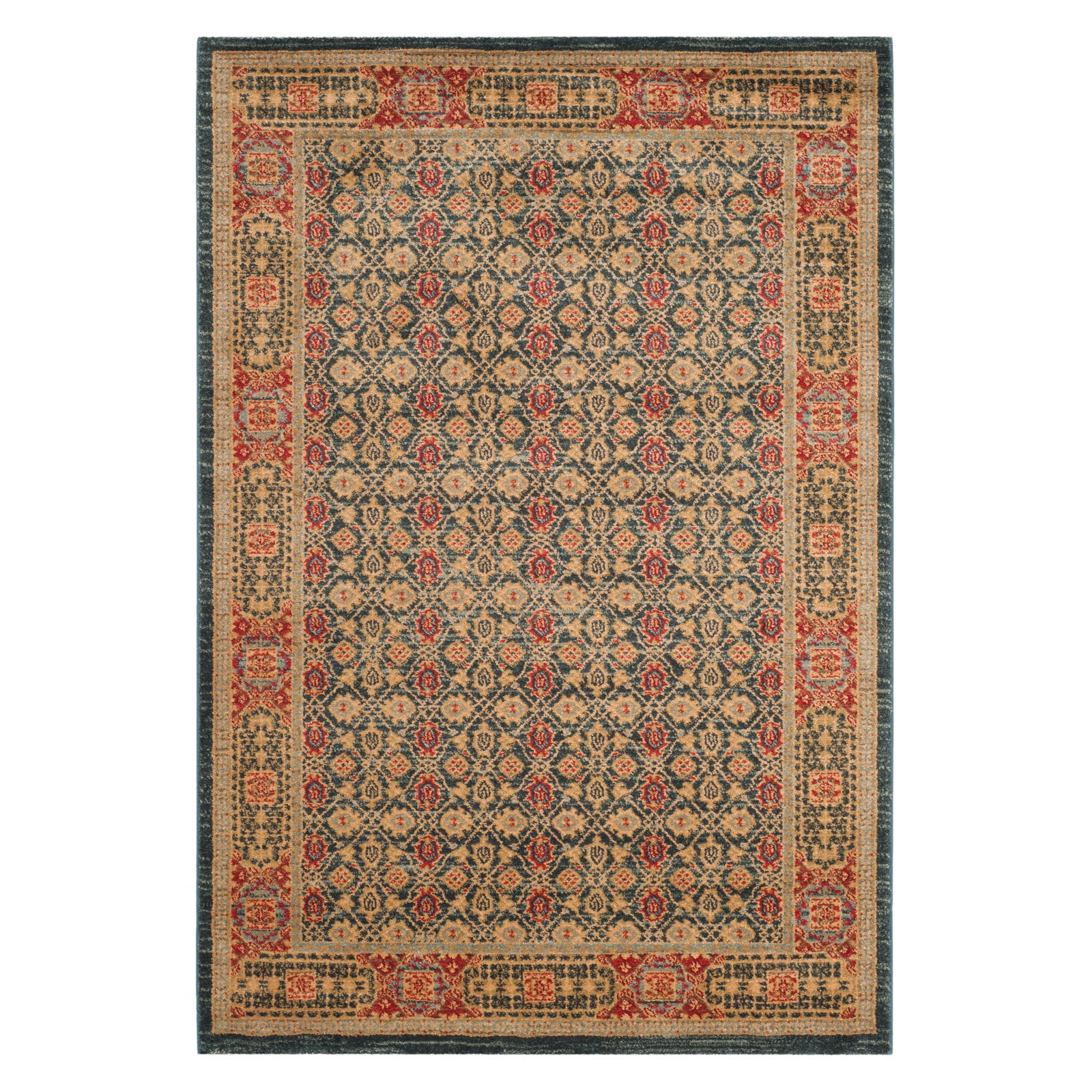 Light Blue and Red Synthetic Reversible Area Rug 4' x 5'7"