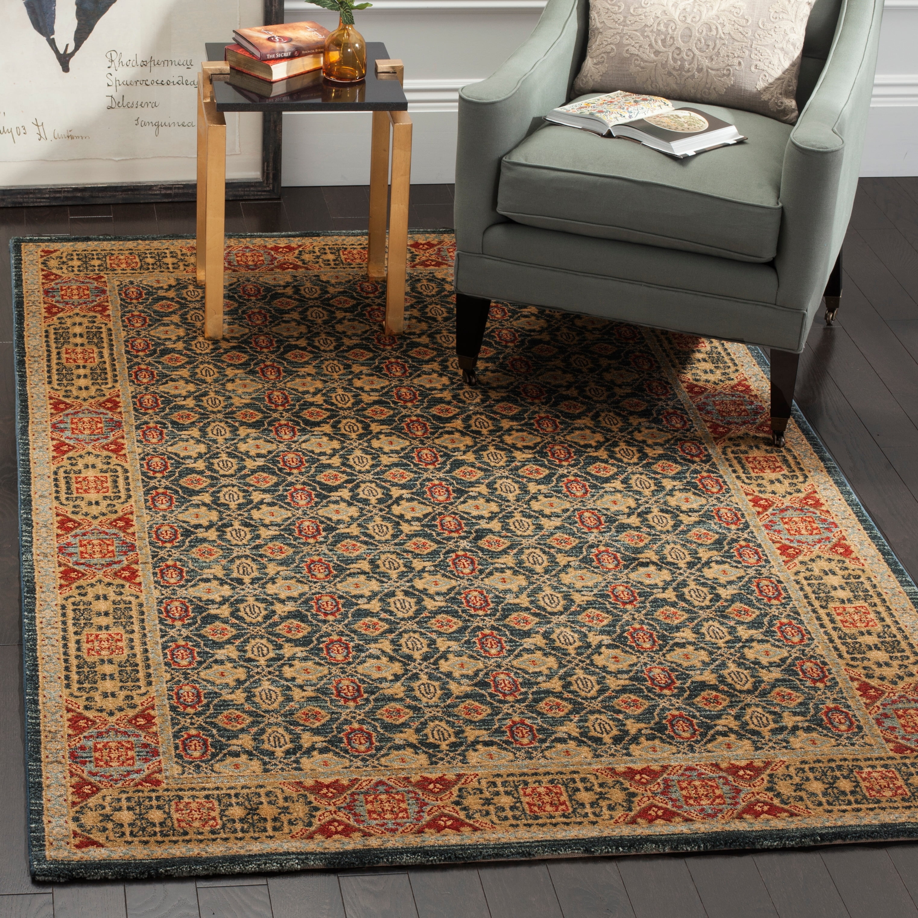 Light Blue and Red Synthetic Reversible Area Rug 4' x 5'7"