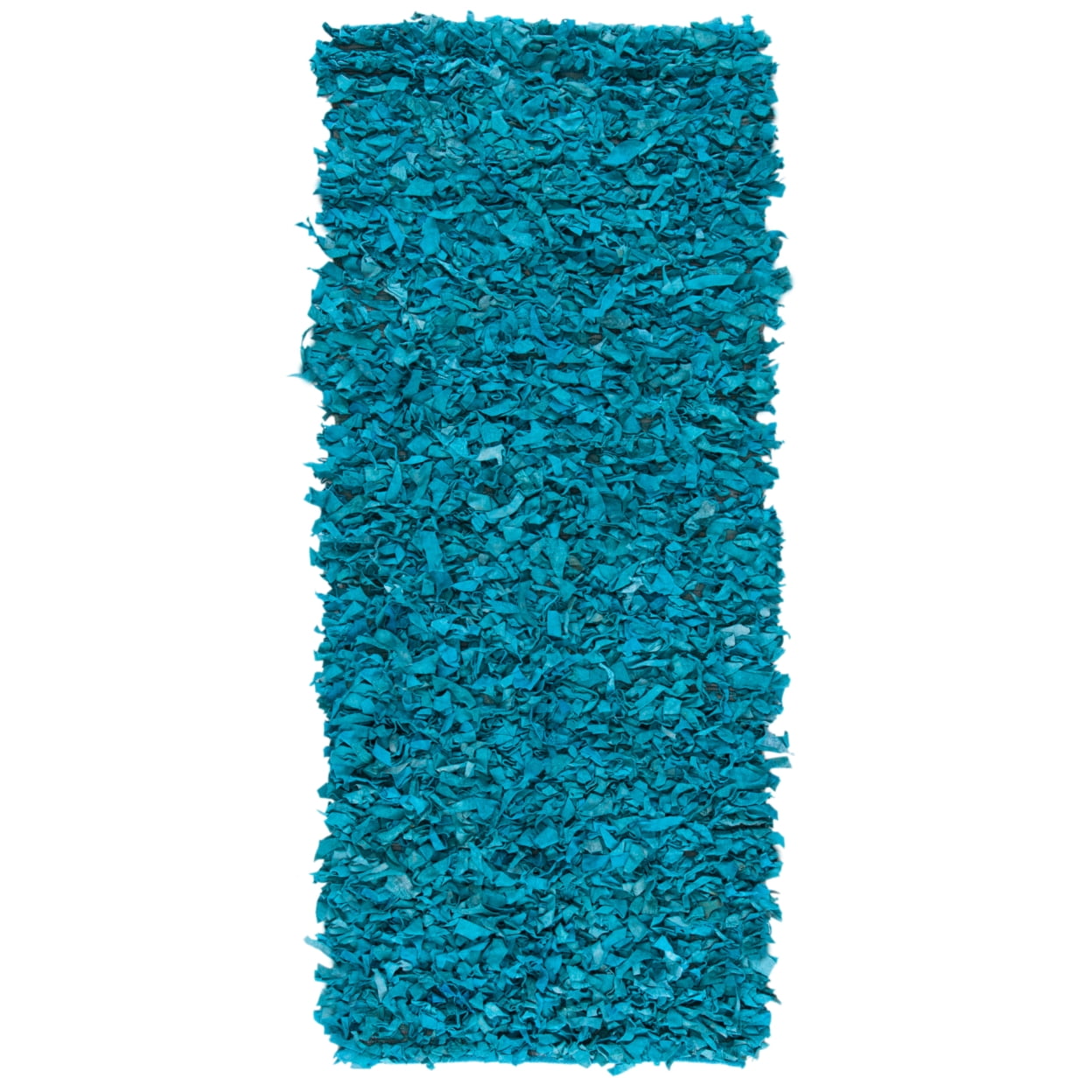 Hand-Knotted Light Blue Leather Shag Runner Rug