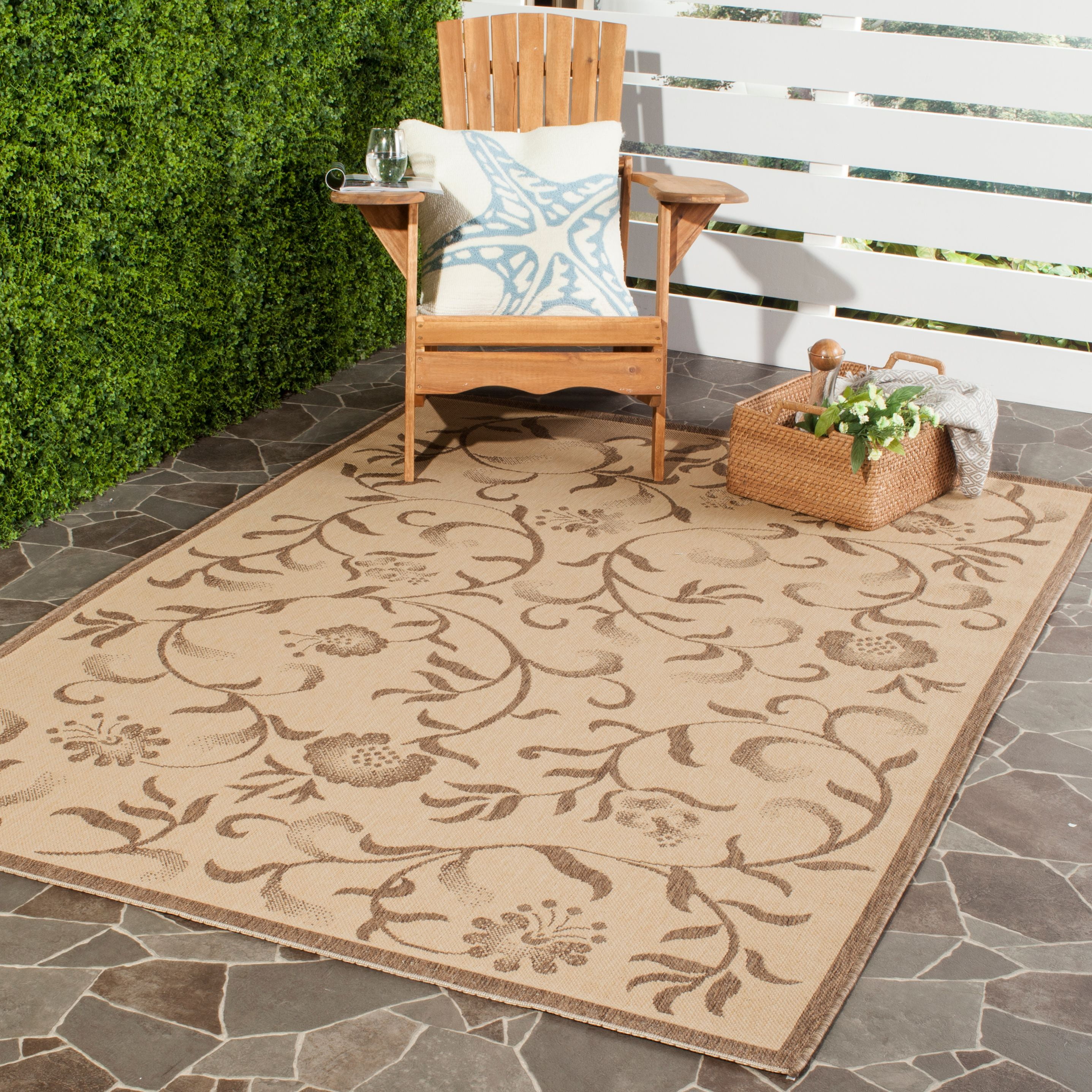 Cream and Brown Floral Rectangular Indoor/Outdoor Rug