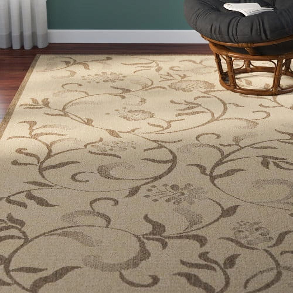 Cream and Brown Floral Rectangular Washable Rug