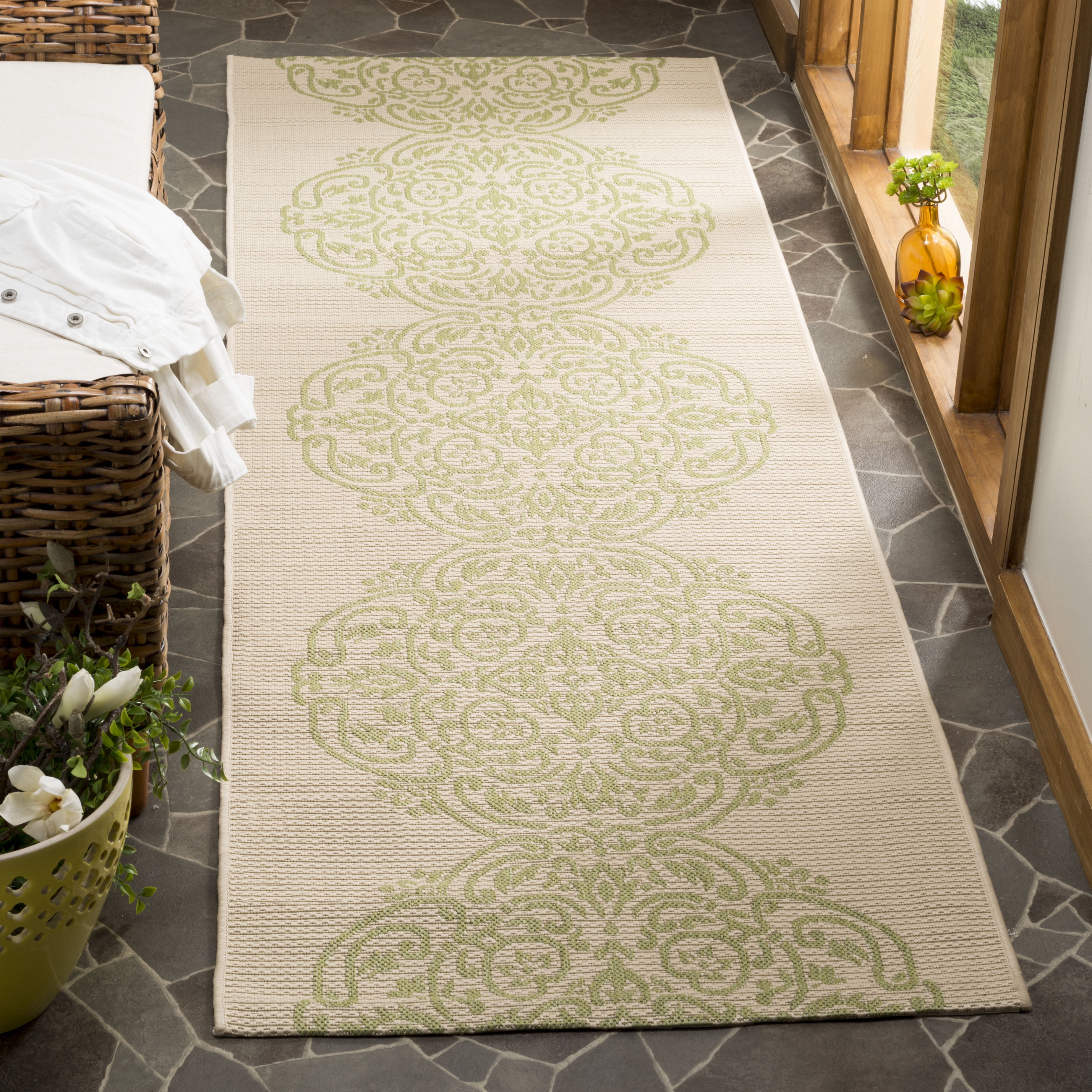 Beach Grass Green and Beige Synthetic Runner Rug