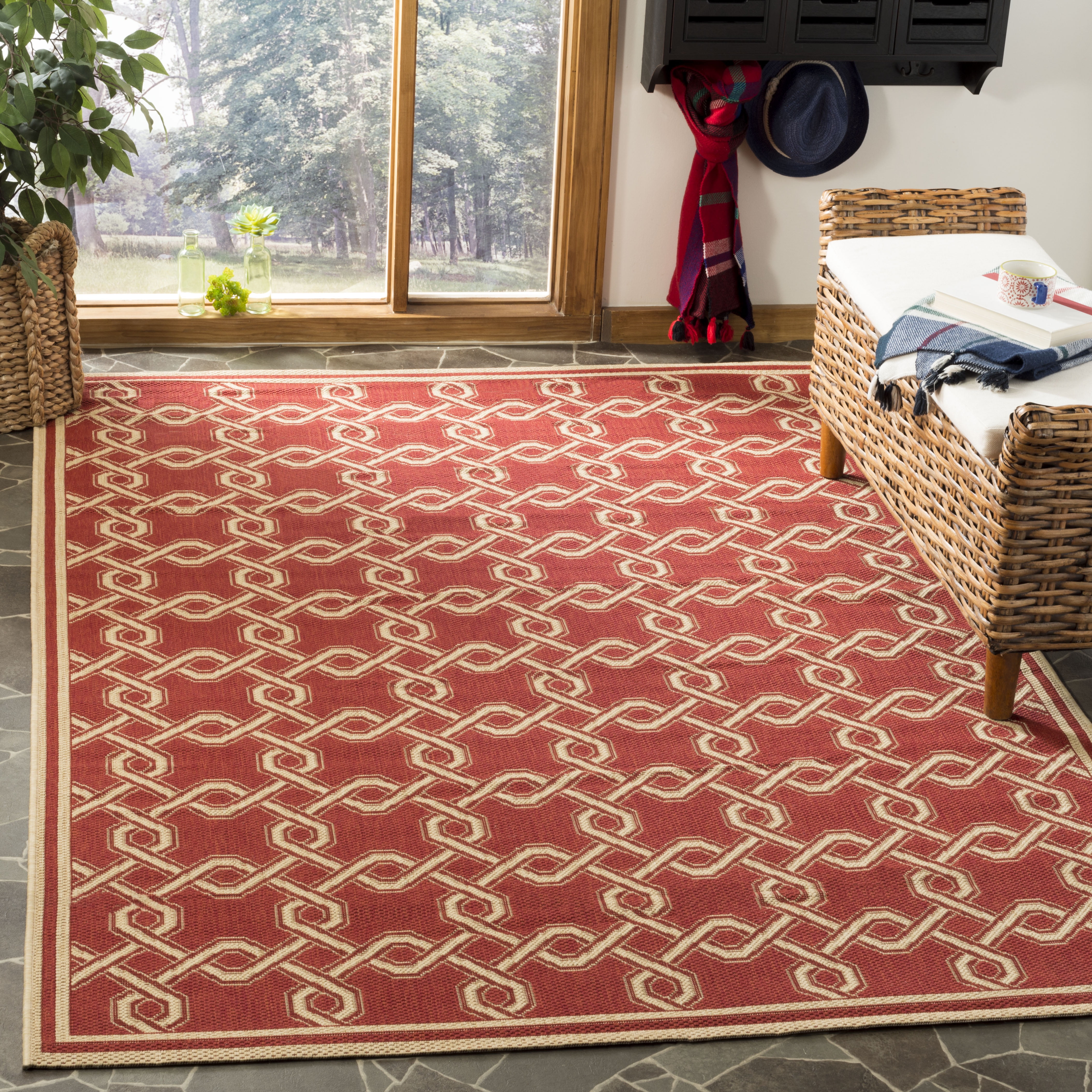 Red and Creme Geometric 4' x 6' Reversible Synthetic Area Rug