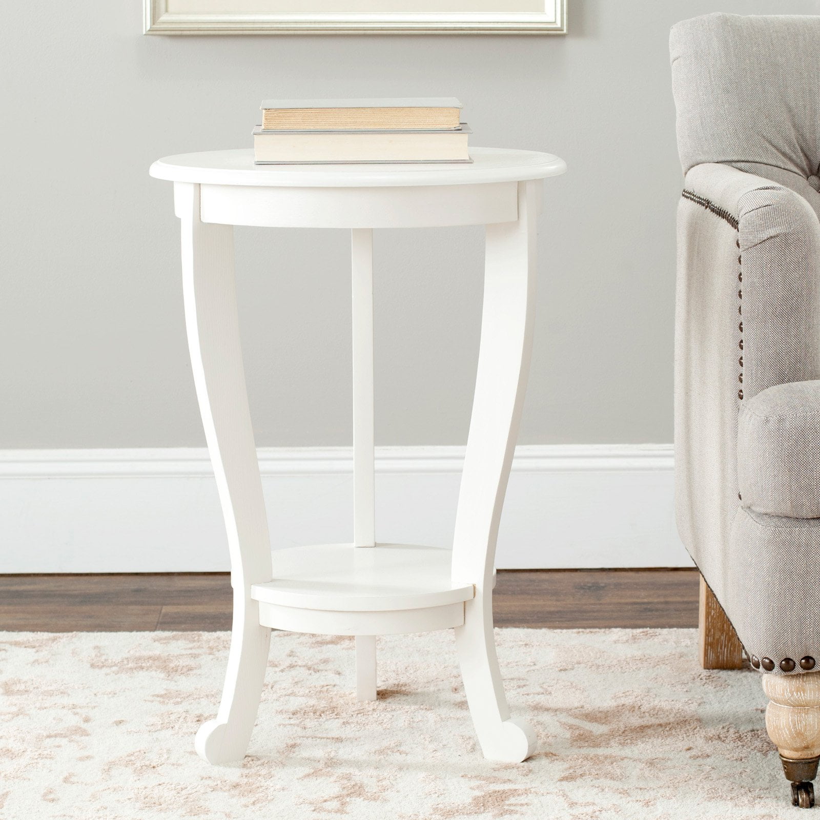 Transitional Round Wood & Stone Pedestal Side Table in Distressed Cream