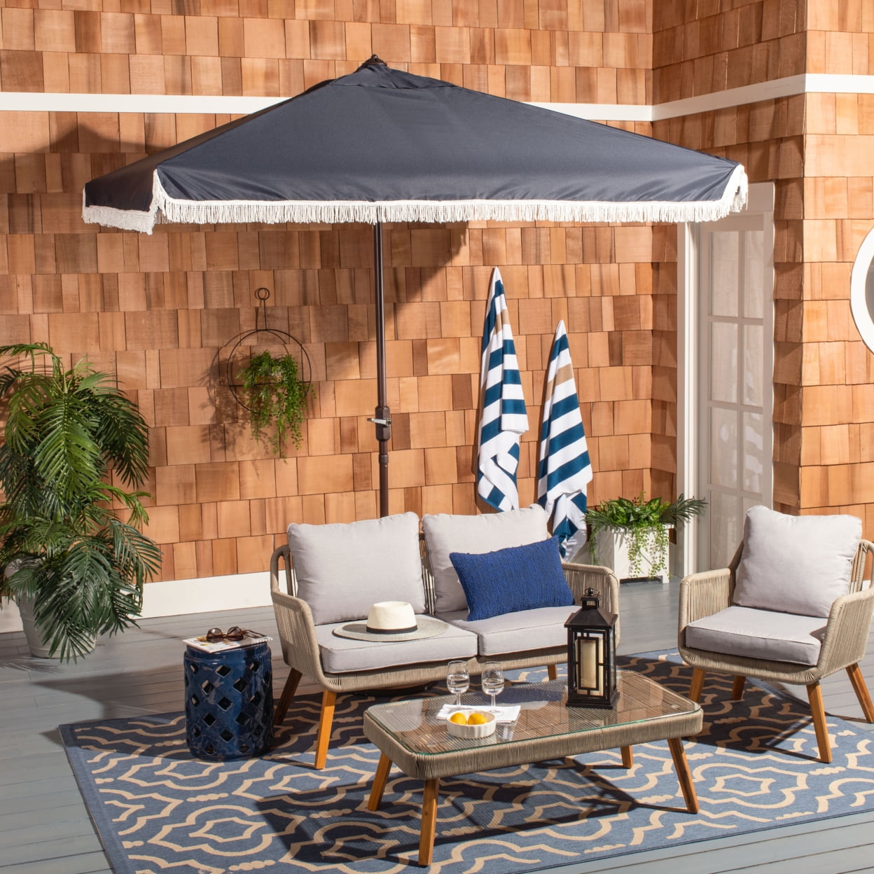 Navy and White 7.5 Ft Square Fringe Crank Umbrella