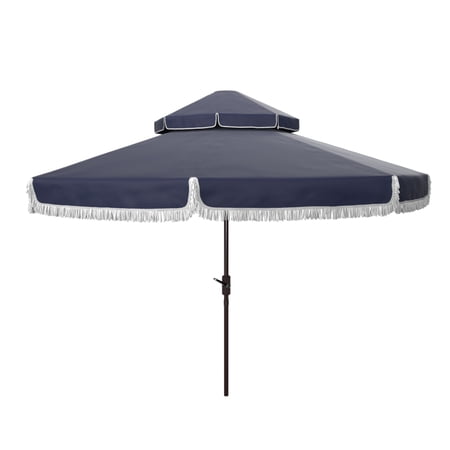 Safavieh Milan Fringe 9' Market Crank Double Top Umbrella, Navy/White