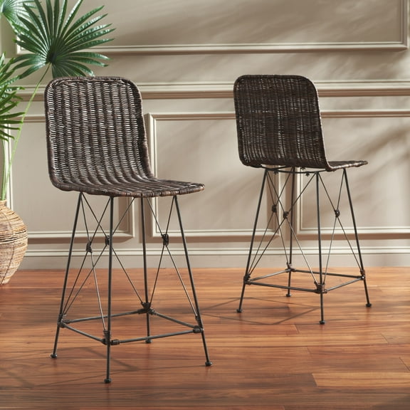 Safavieh Minerva Weaved Bohemian Mid Back Metal and Rattan Stools, DarkBrown/Black (Set of 2)