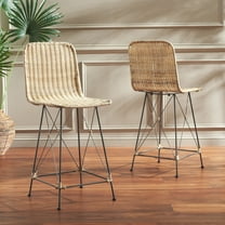 Safavieh Minerva Weaved Bohemian Mid Back Metal and Rattan Stools, LightNatural/Black (Set of 2)