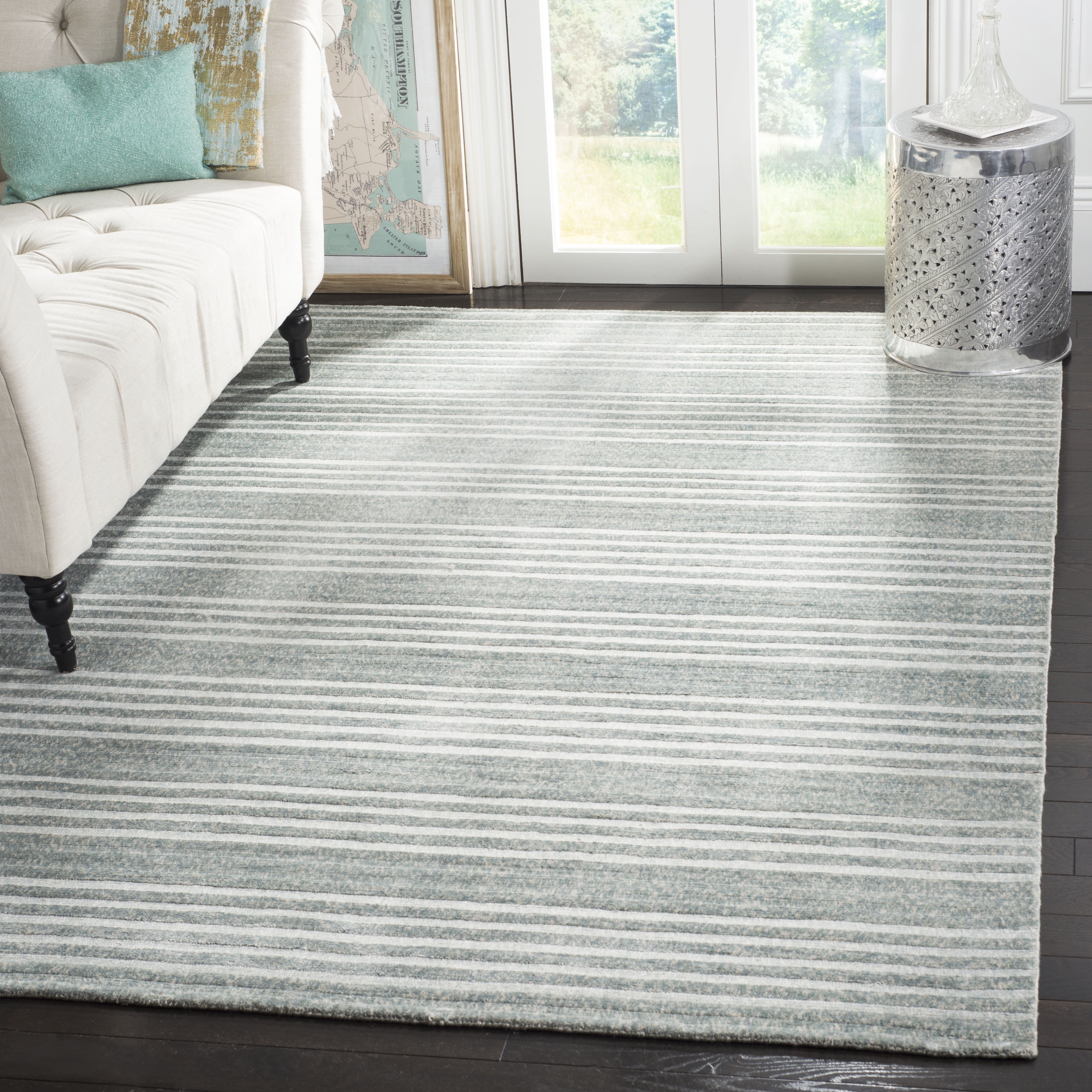 Mirage Blue Hand-Knotted Striped 8' x 10' Viscose Rug