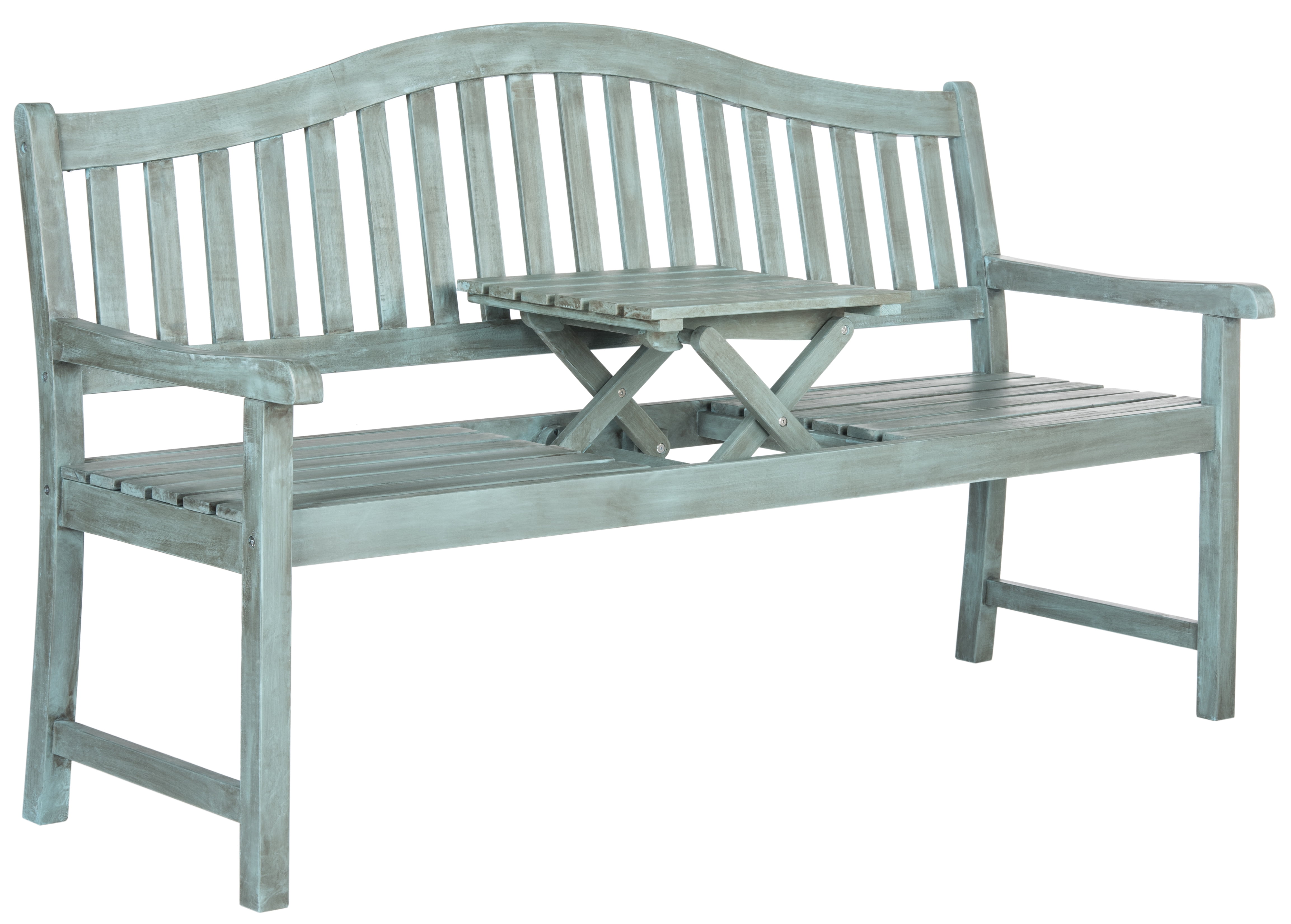 Beach House Blue Acacia Outdoor Bench with Pop-Up Table
