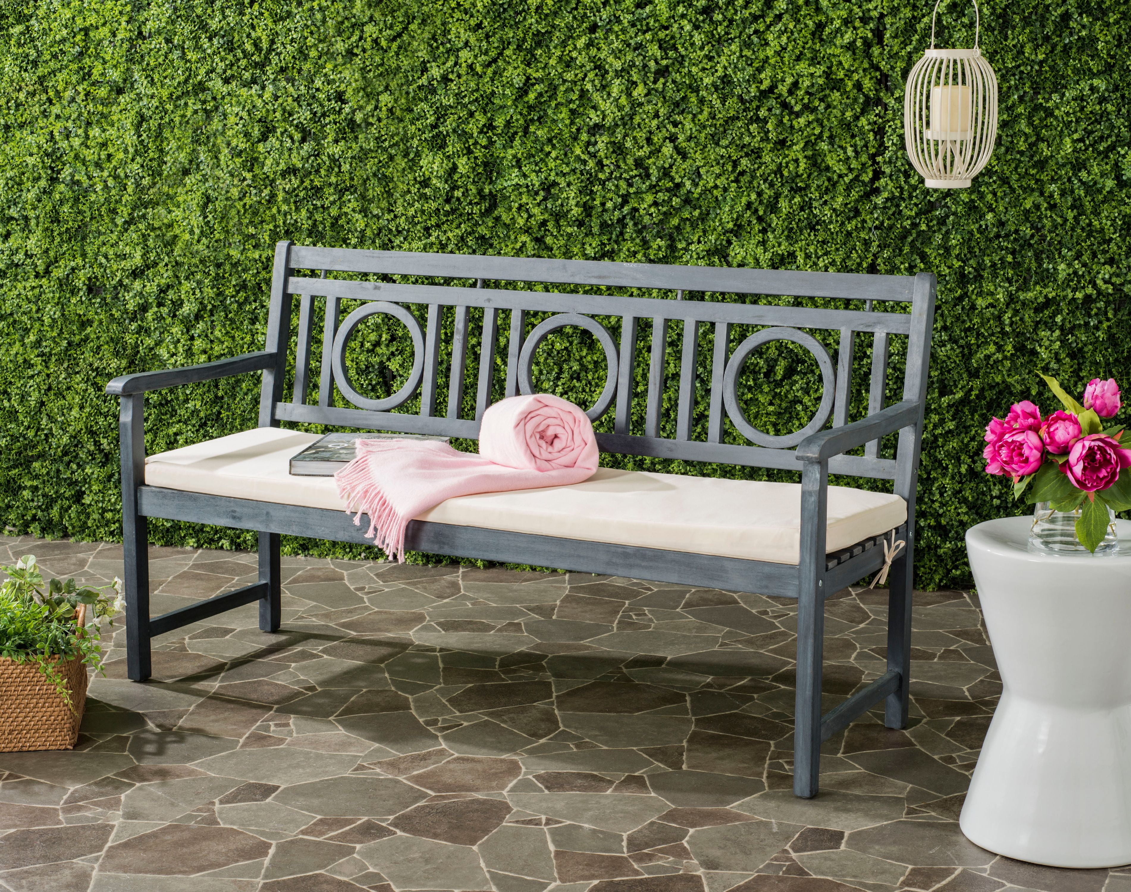 Ash Grey Beige Acacia Wood 3-Seat Bench with Cushion