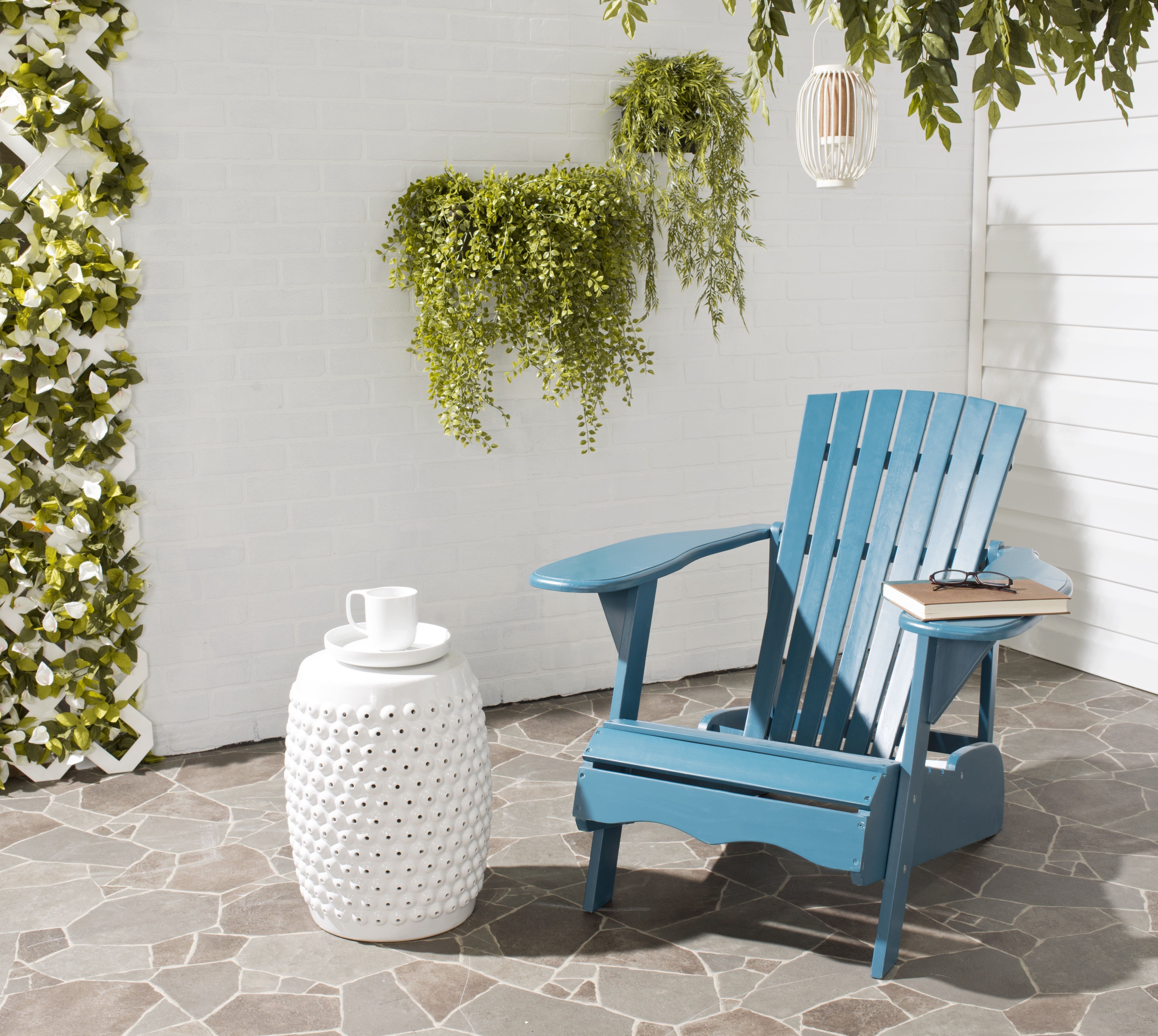 Transitional Teal Acacia Wood Arm Chair with Wide Rest