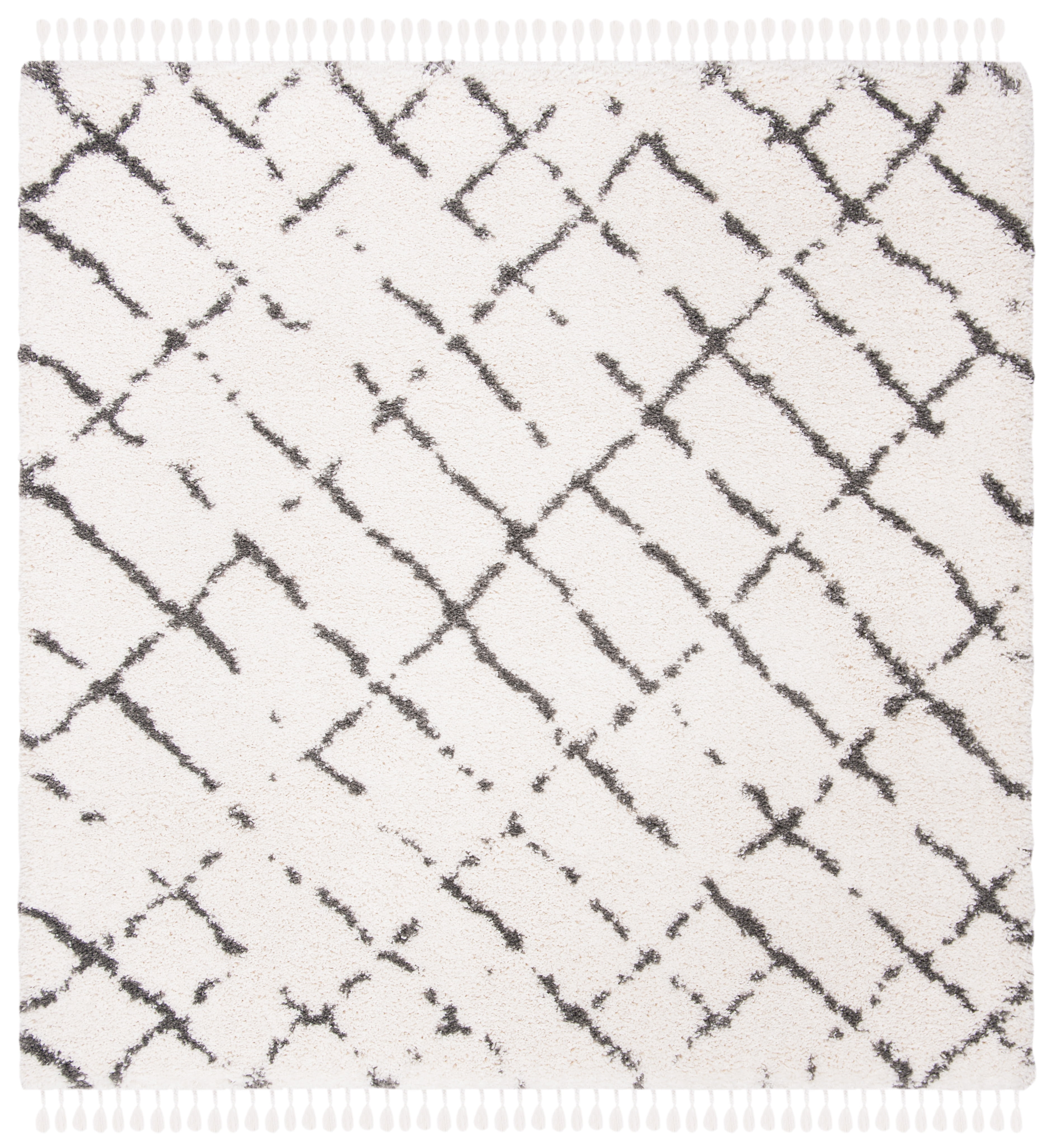 Boho-Chic Ivory and Grey Square Shag Area Rug with Tribal Motifs