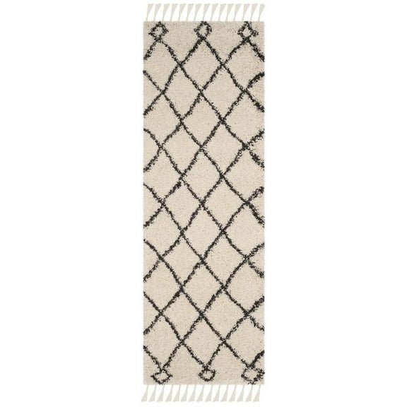 Safavieh  Moroccan Fringe Shag Virona 2-inch Thick Rug Cream/Charcoal 2'3" x 11' Runner 10' Runner, 12' Runner Runner, Indoor Entryway, Bedroom,