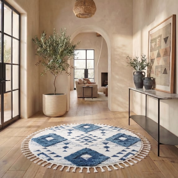 Safavieh Moroccan Tassel Larry Geometric Shag Area Rug, Blue/Ivory, 10' x 10' Round