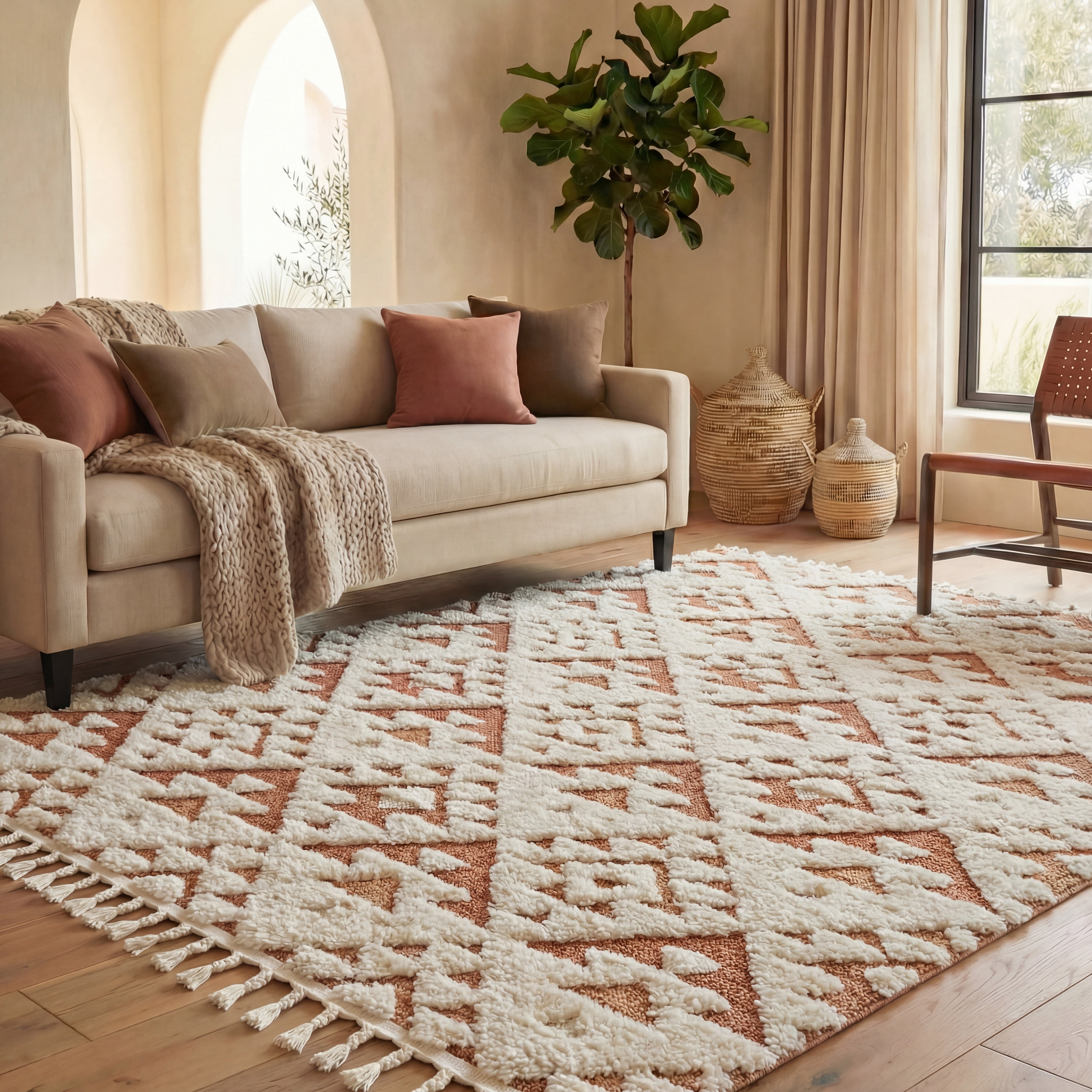 Safavieh Moroccan Tassel Larry Geometric Shag Area Rug, Ivory/Brick Rust, 10' x 14'