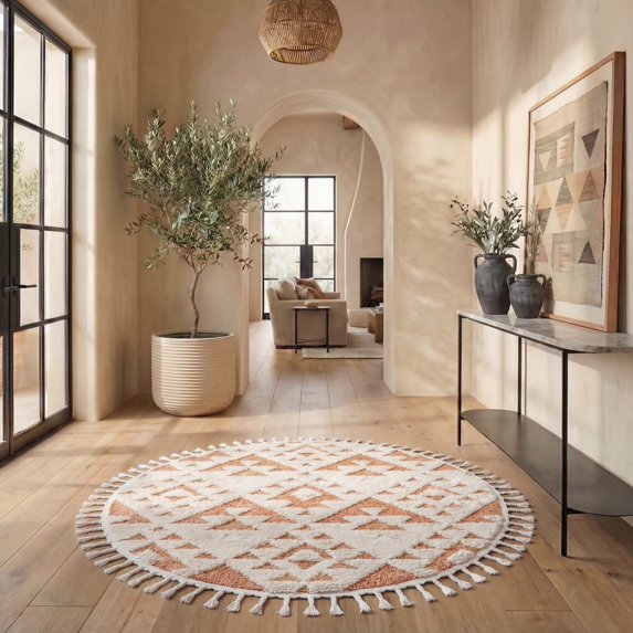 Safavieh Moroccan Tassel Larry Geometric Shag Area Rug, Ivory/Brick Rust, 8' x 8' Round