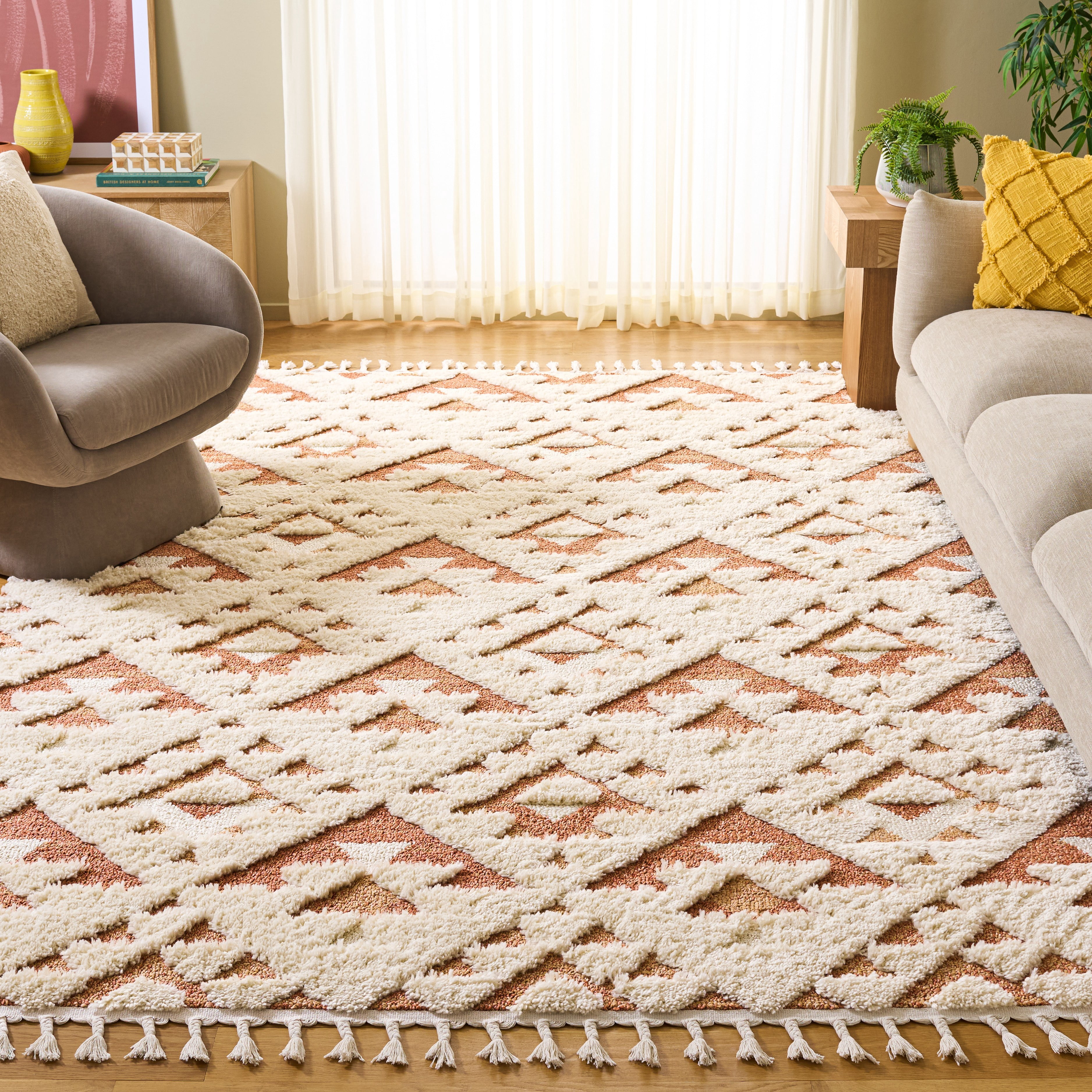 Safavieh Moroccan Tassel Larry Geometric Shag Area Rug, Ivory/Brick Rust, 8' x 8' Square