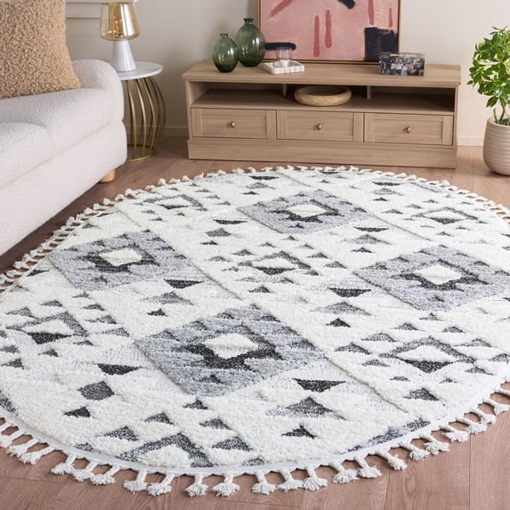 Safavieh Moroccan Tassel Larry Geometric Shag Area Rug, Ivory/Gray, 6' x 8' Oval