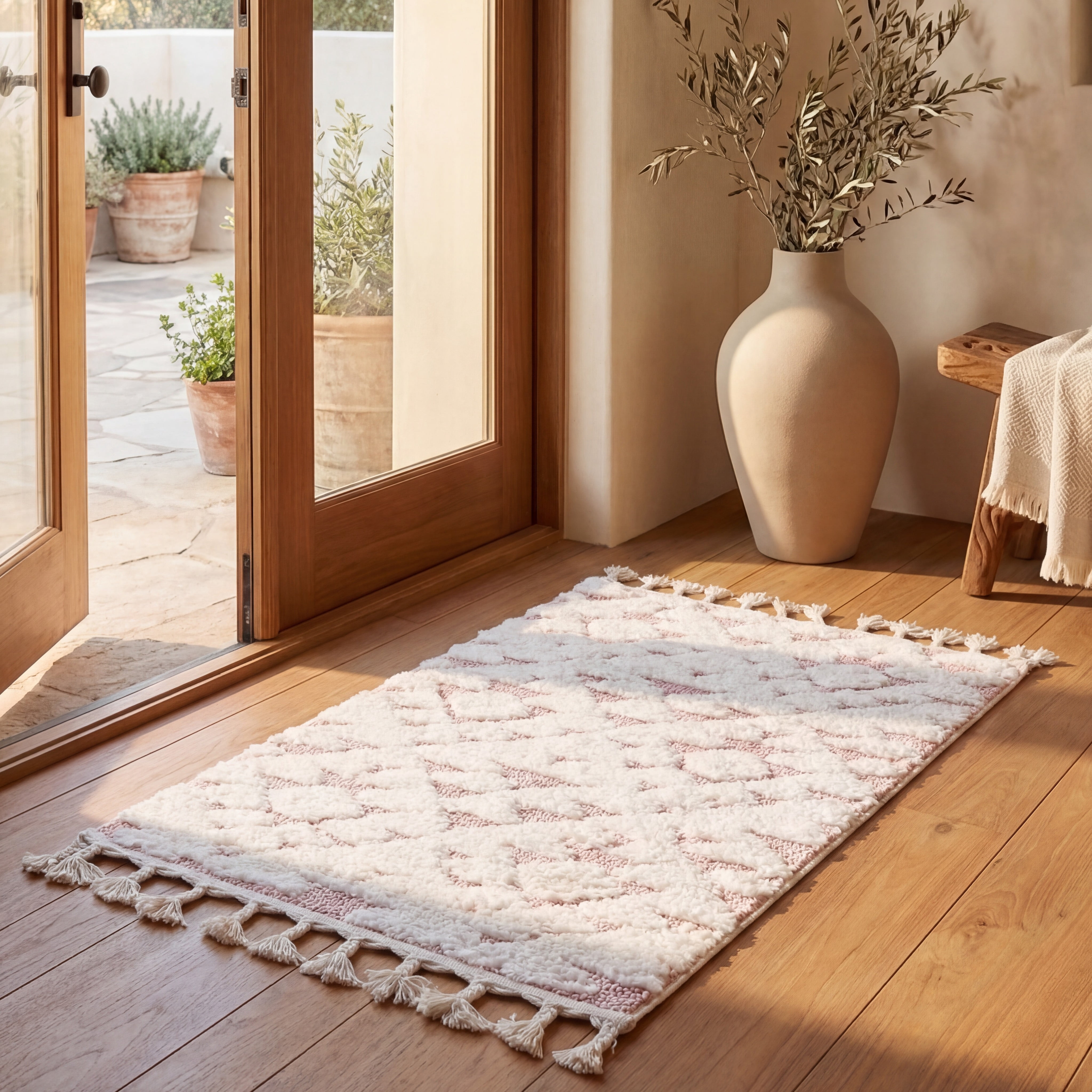 Safavieh Moroccan Tassel Larry Geometric Shag Area Rug, Ivory/Pink, 2'3" x 4'
