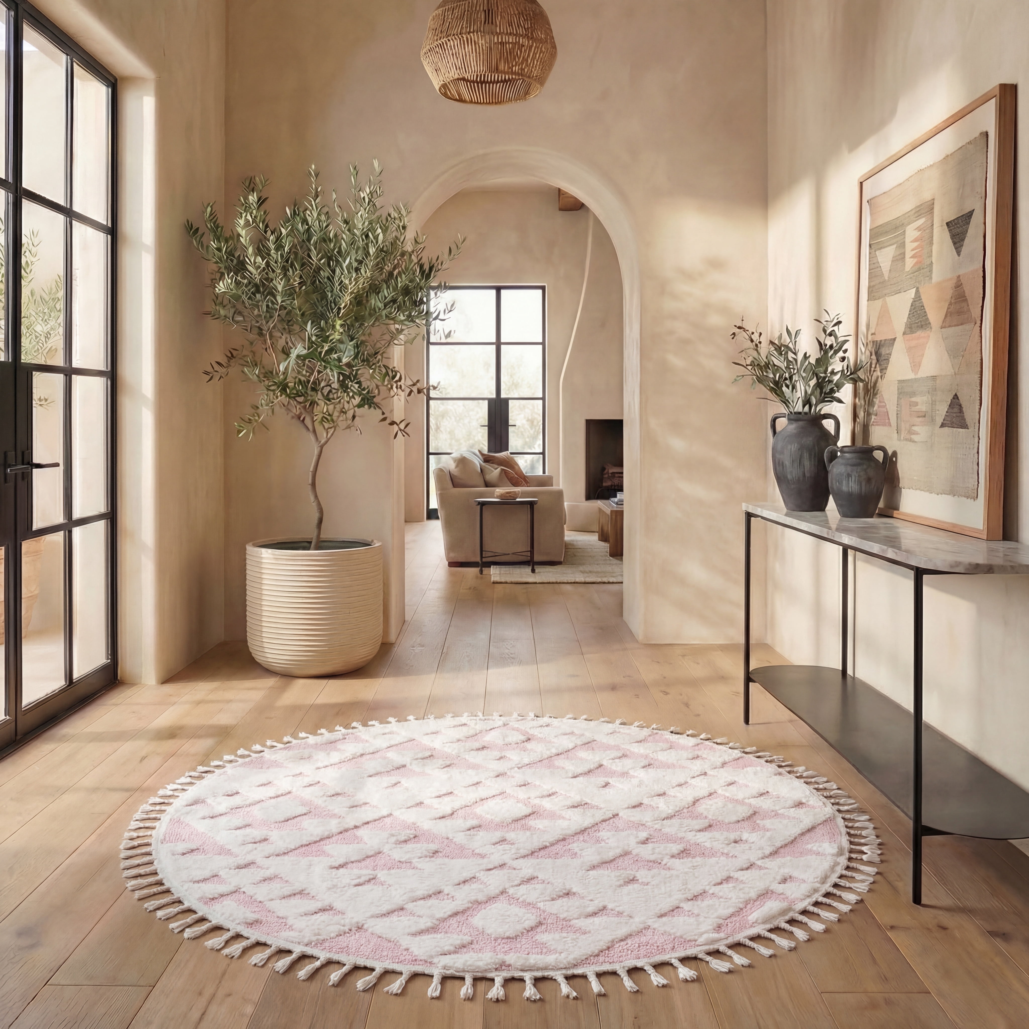 Safavieh Moroccan Tassel Larry Geometric Shag Area Rug, Ivory/Pink, 3' x 3' Round