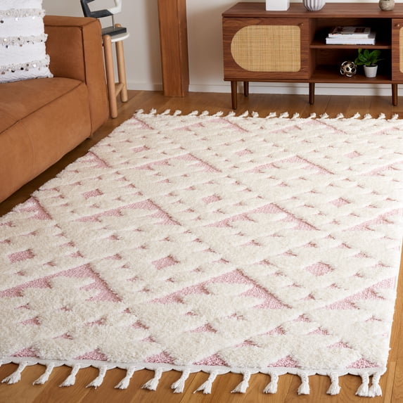 Safavieh Moroccan Tassel Larry Geometric Shag Area Rug, Ivory/Pink, 5'3" x 5'3" Square